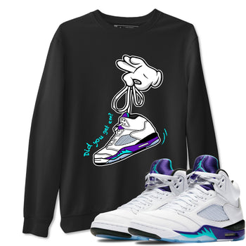 Cartoon Hands sneaker match t-shirt styled to complete your fit with the Air Jordan 5 Grape sneakers, shown in Black 1.