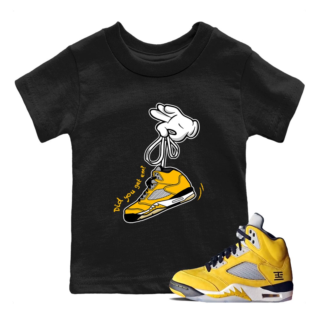 Cartoon Hands baby and kids t-shirt crafted for little sneakerheads to shine with the Air Jordan 5 Tokyo sneakers, displayed in Black 1.