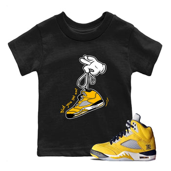 Cartoon Hands baby and kids t-shirt crafted for little sneakerheads to shine with the Air Jordan 5 Tokyo sneakers, displayed in Black 1.
