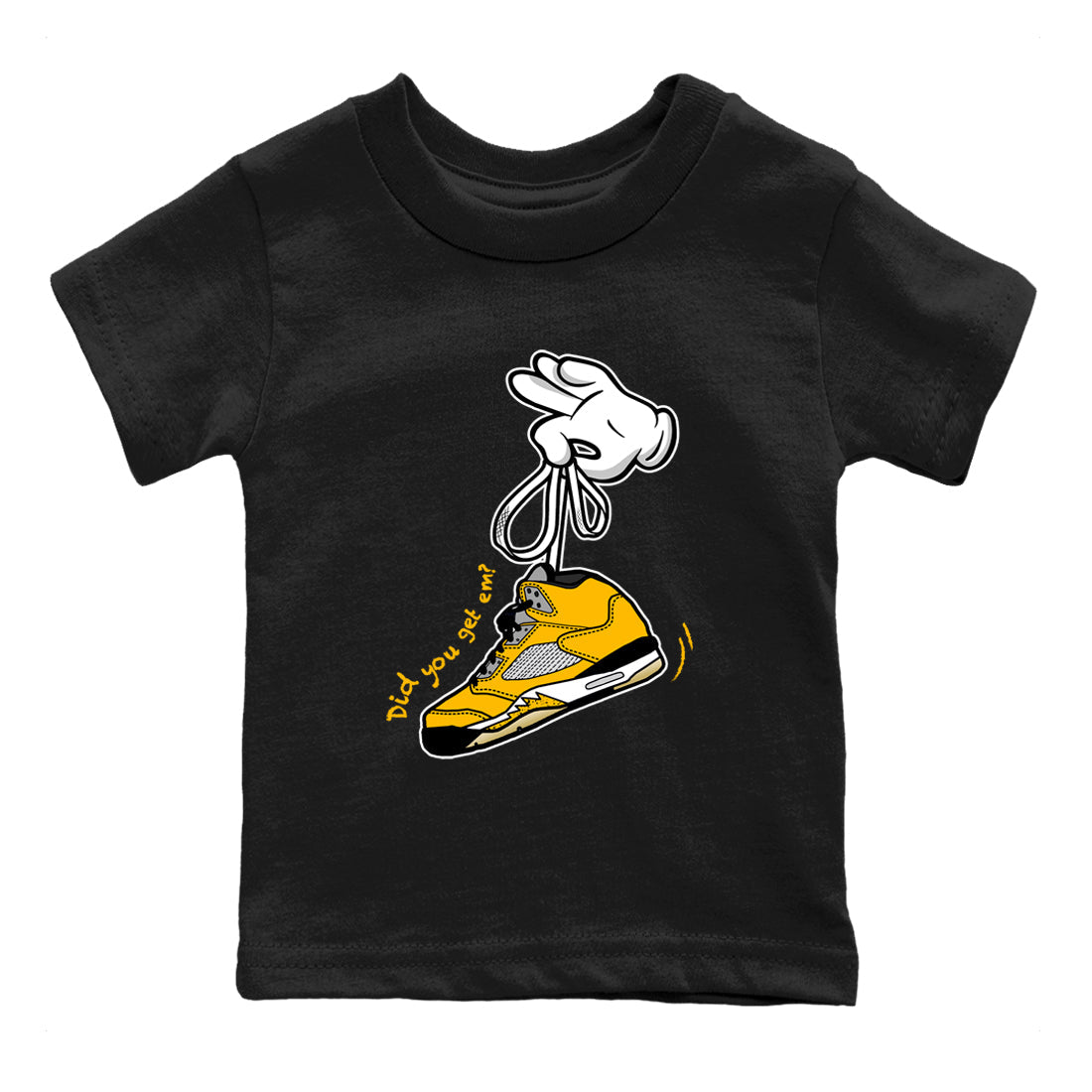Cartoon Hands baby and kids t-shirt crafted for little sneakerheads to shine with the Air Jordan 5 Tokyo sneakers, displayed in Black 2.