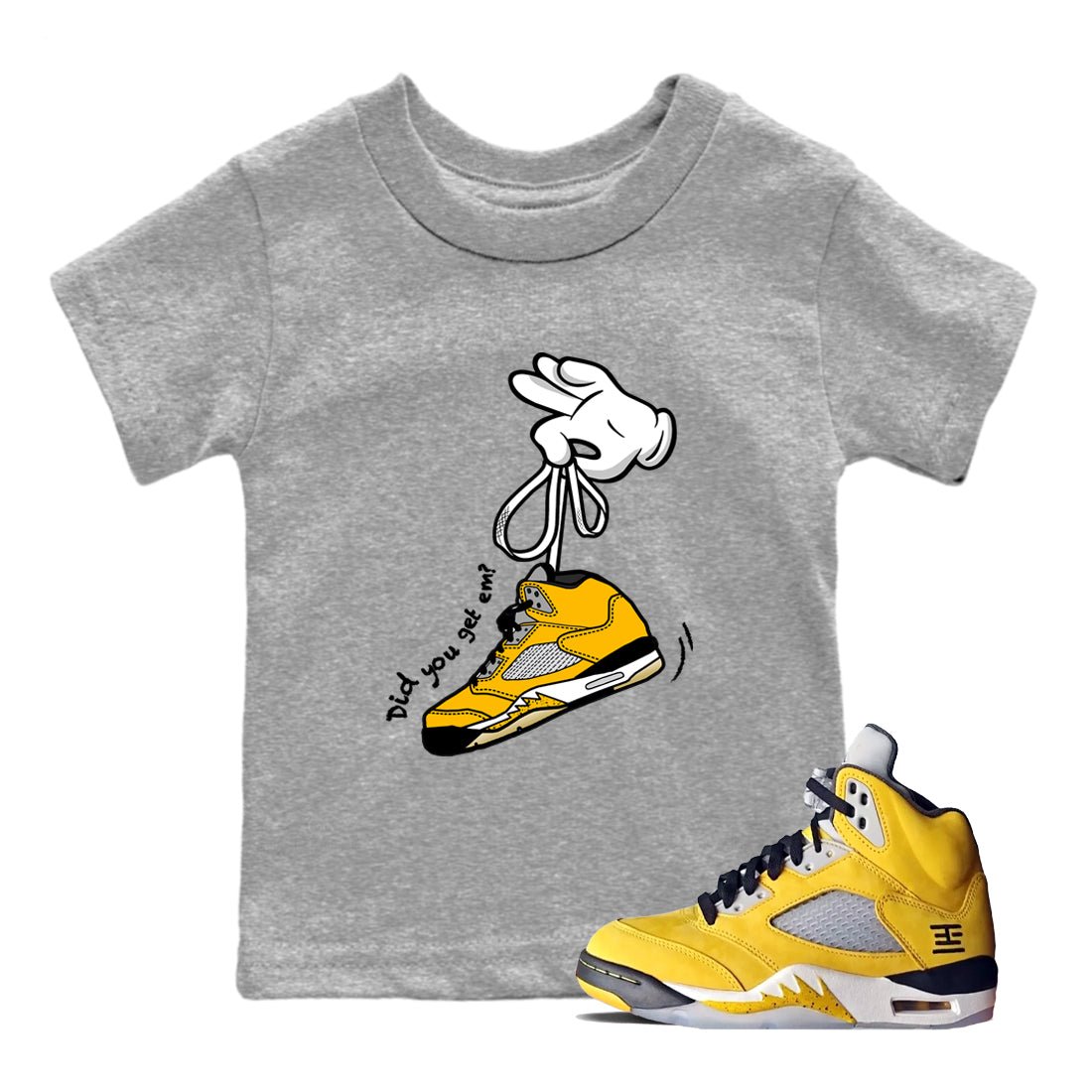 Cartoon Hands baby and kids t-shirt crafted for little sneakerheads to shine with the Air Jordan 5 Tokyo sneakers, displayed in Heather Grey 1.