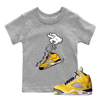 Cartoon Hands baby and kids t-shirt crafted for little sneakerheads to shine with the Air Jordan 5 Tokyo sneakers, displayed in Heather Grey 1.
