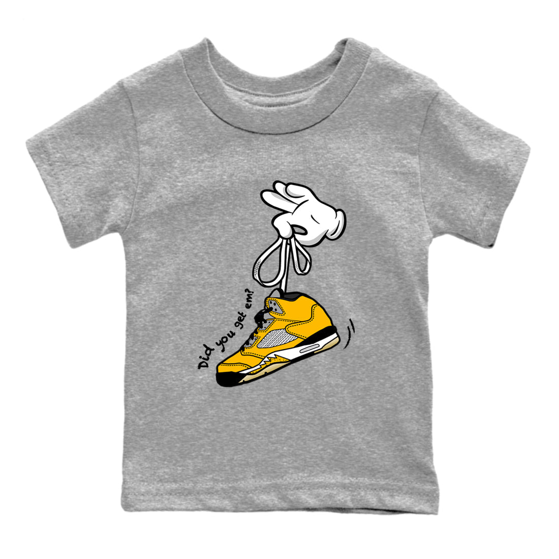 Cartoon Hands baby and kids t-shirt crafted for little sneakerheads to shine with the Air Jordan 5 Tokyo sneakers, displayed in Heather Grey 2.