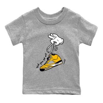 Cartoon Hands baby and kids t-shirt crafted for little sneakerheads to shine with the Air Jordan 5 Tokyo sneakers, displayed in Heather Grey 2.
