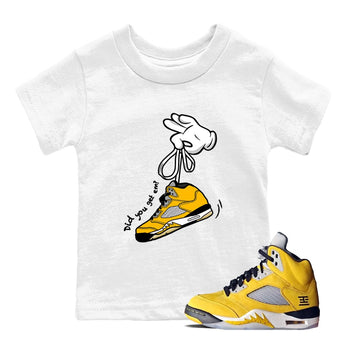 Cartoon Hands baby and kids t-shirt crafted for little sneakerheads to shine with the Air Jordan 5 Tokyo sneakers, displayed in White 1.