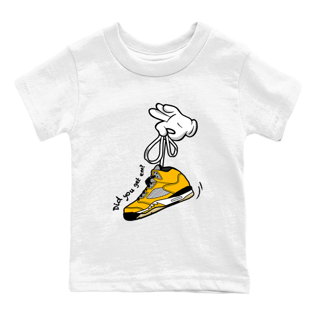 Cartoon Hands baby and kids t-shirt crafted for little sneakerheads to shine with the Air Jordan 5 Tokyo sneakers, displayed in White 2.