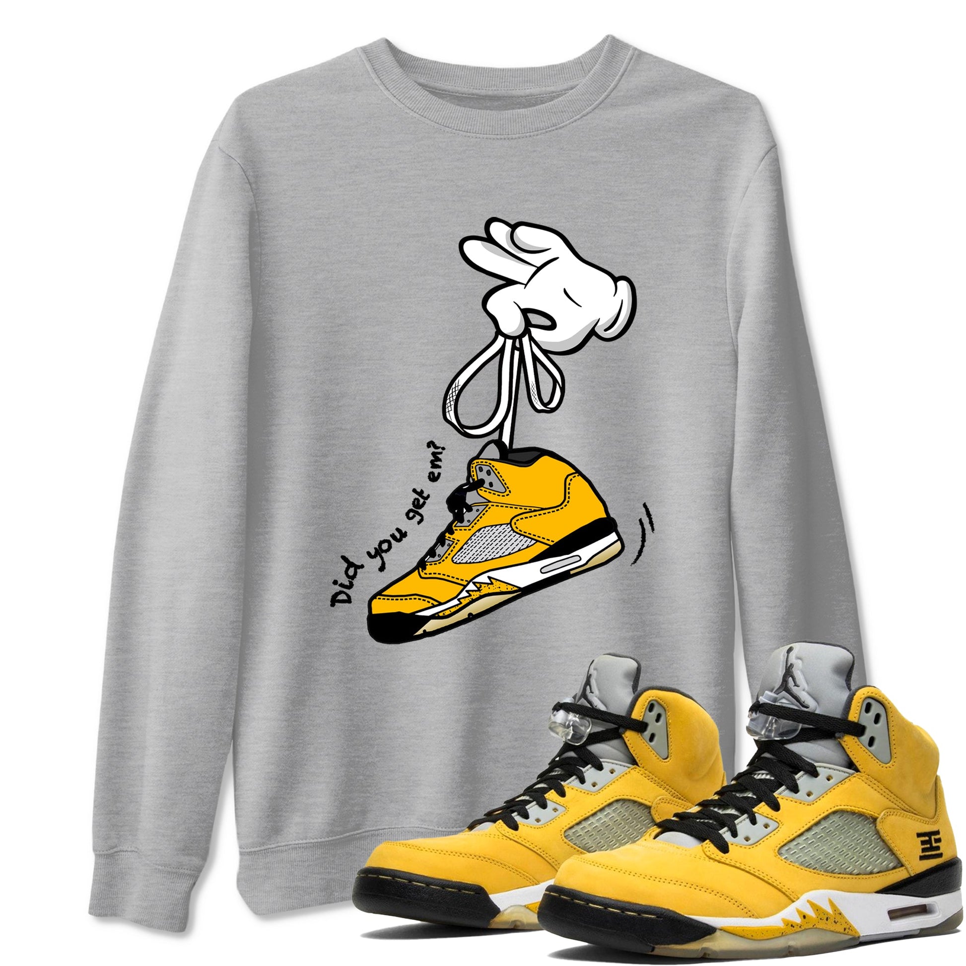 Cartoon Hands sneaker match t-shirt styled to complete your fit with the Air Jordan 5 Tokyo sneakers, shown in Heather Grey 1.