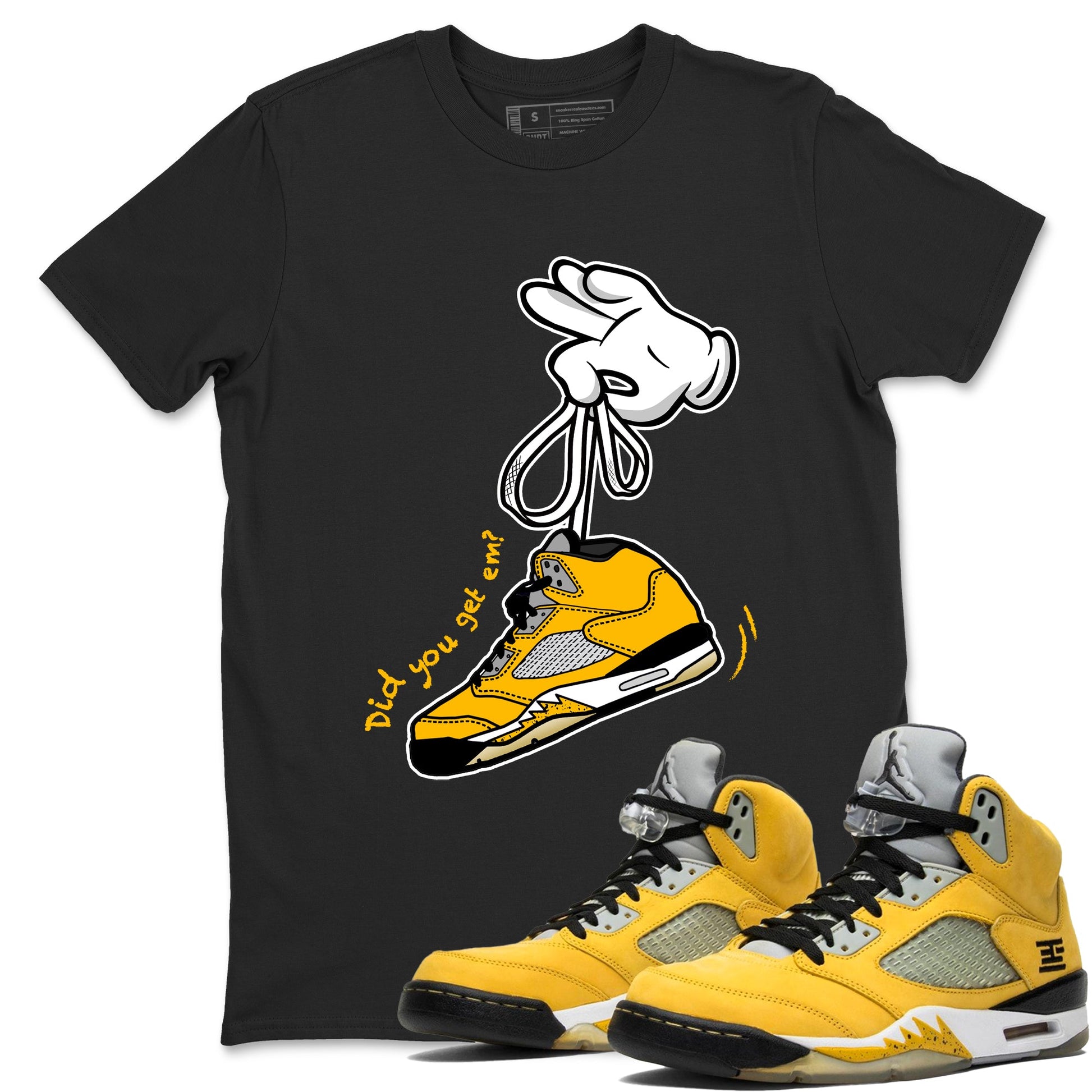 Cartoon Hands sneaker match t-shirt styled to complete your fit with the Air Jordan 5 Tokyo sneakers, shown in Black 1.