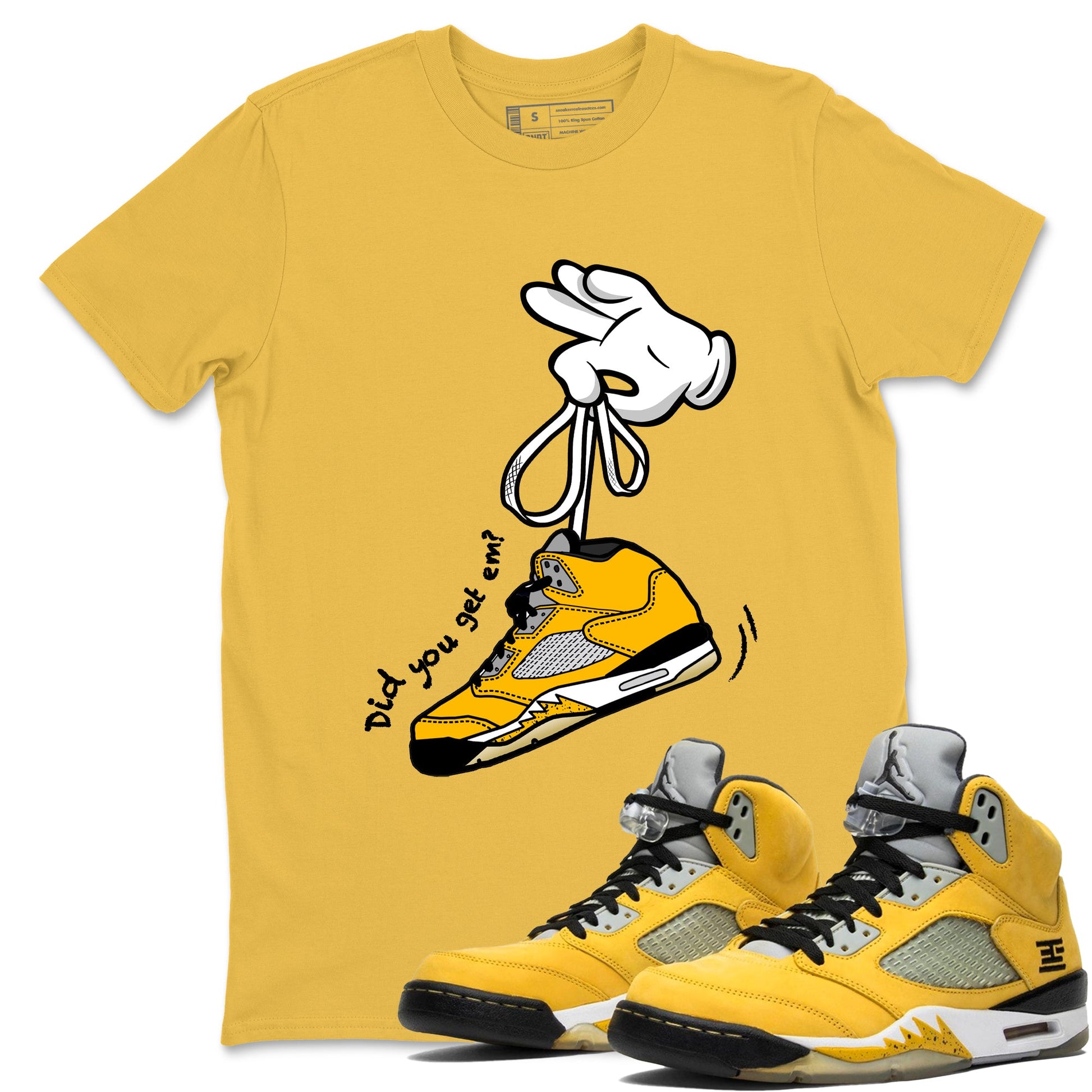 Cartoon Hands sneaker match t-shirt styled to complete your fit with the Air Jordan 5 Tokyo sneakers, shown in Daisy 1.