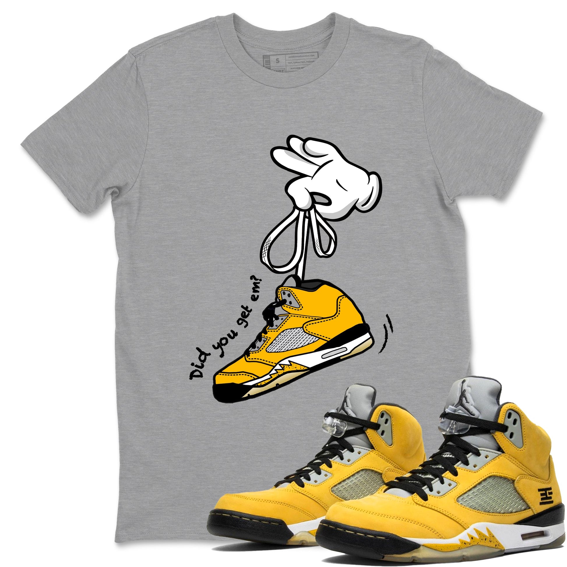 Cartoon Hands sneaker match t-shirt styled to complete your fit with the Air Jordan 5 Tokyo sneakers, shown in Heather Grey 1.