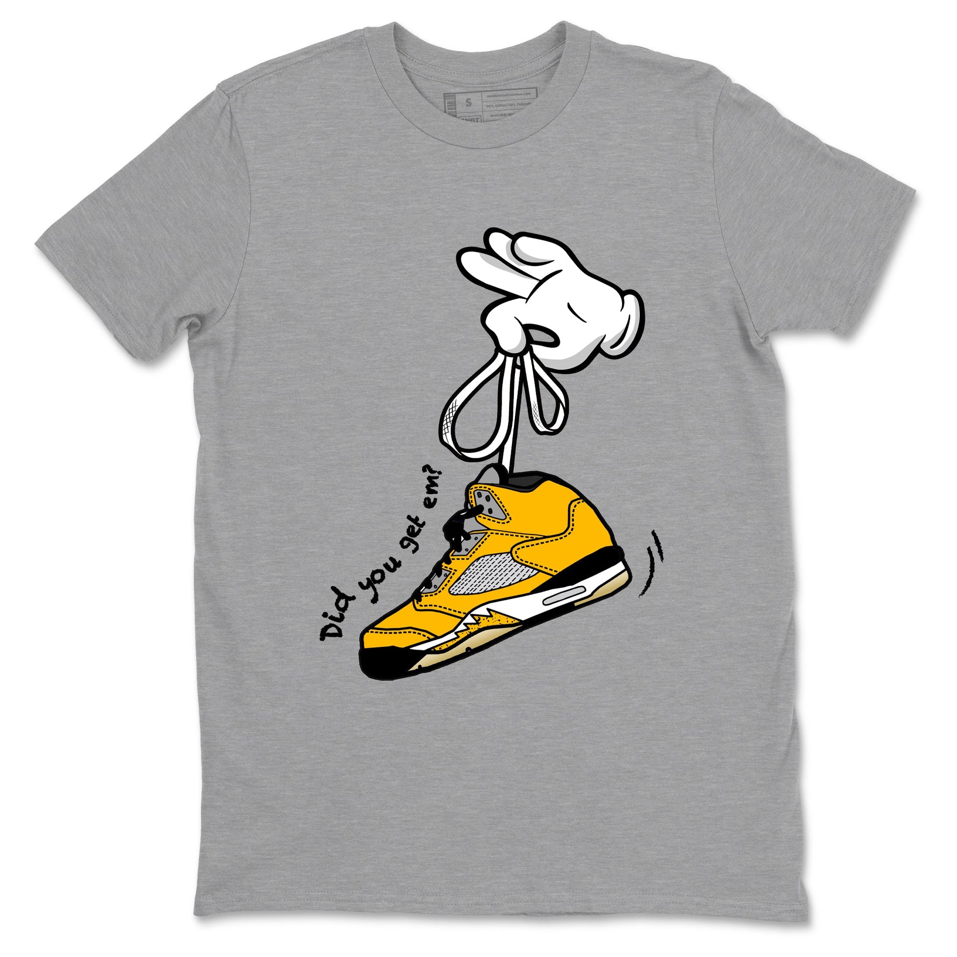 Cartoon Hands sneaker match t-shirt styled to complete your fit with the Air Jordan 5 Tokyo sneakers, shown in Heather Grey 2.