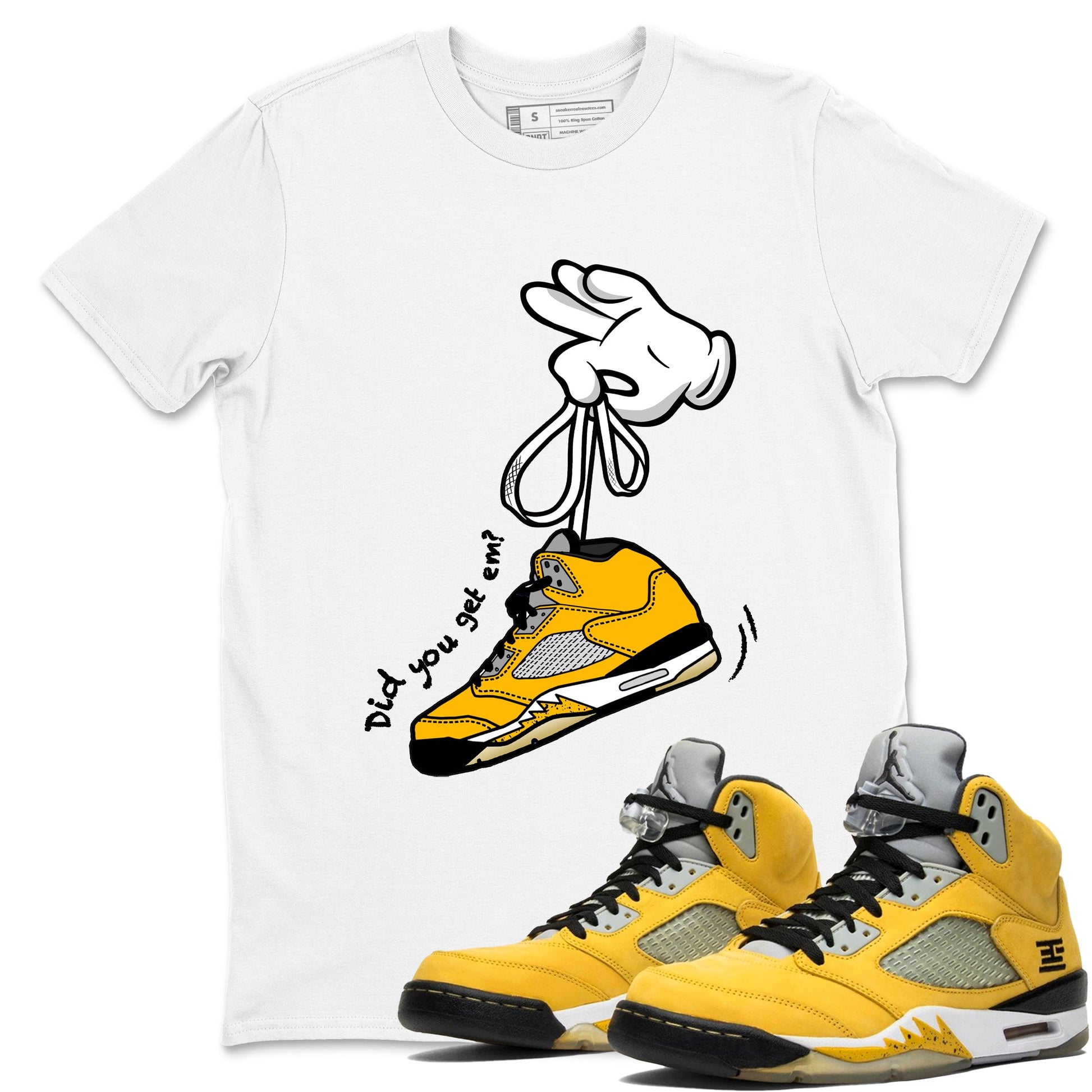 Cartoon Hands sneaker match t-shirt styled to complete your fit with the Air Jordan 5 Tokyo sneakers, shown in White 1.