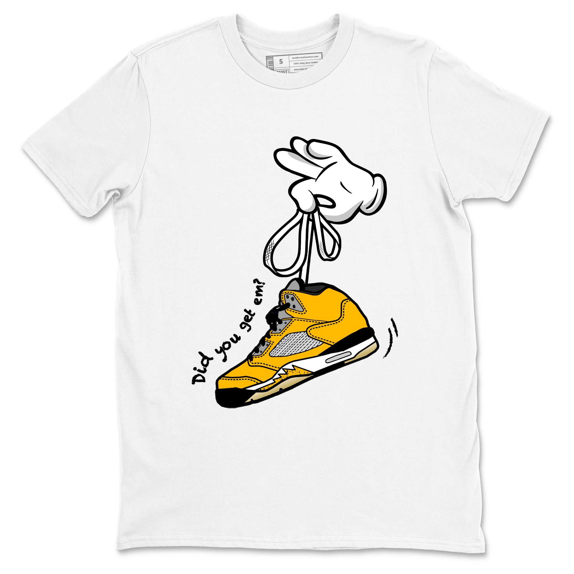 Cartoon Hands sneaker match t-shirt styled to complete your fit with the Air Jordan 5 Tokyo sneakers, shown in White 2.