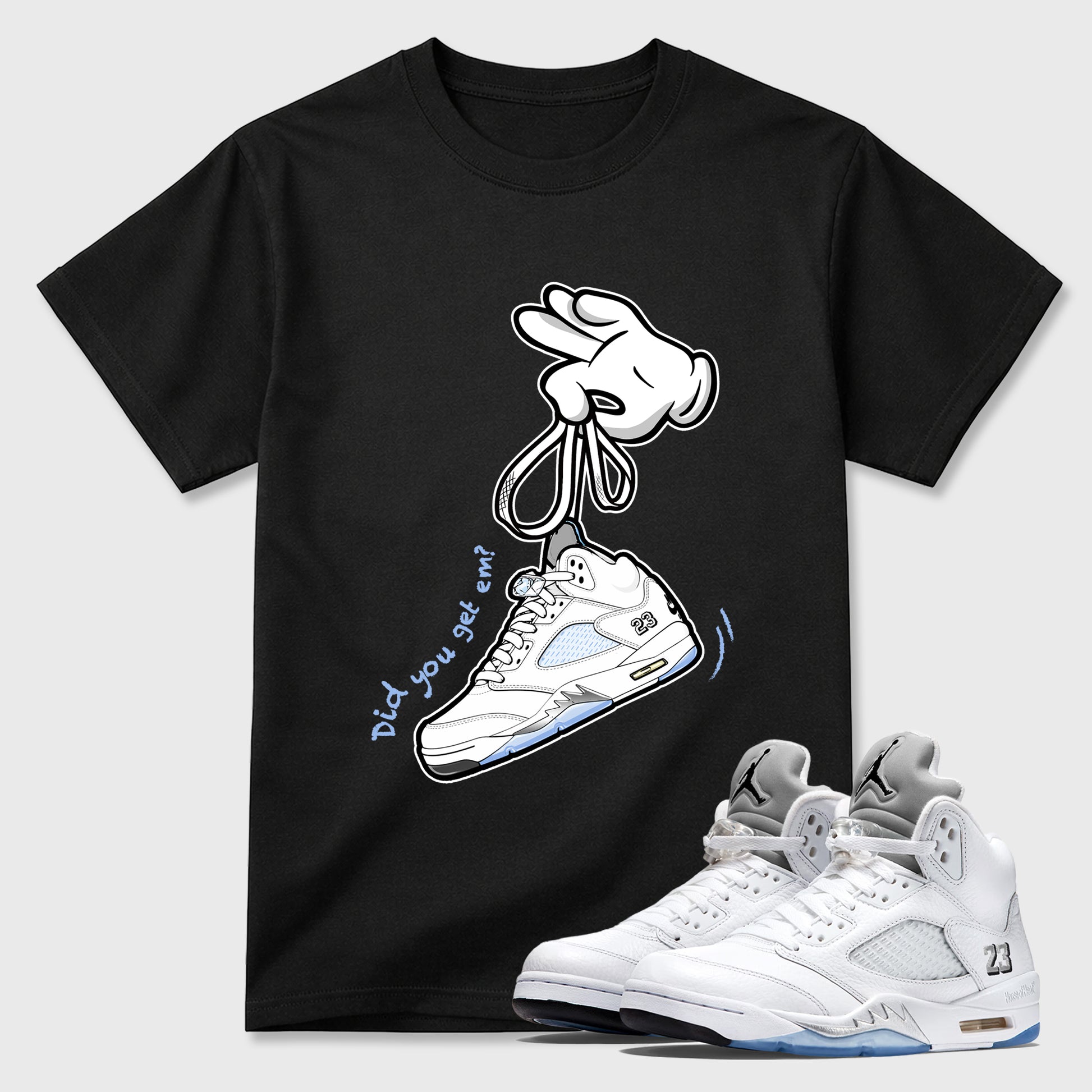 Sneaker match tees – Sneaker Tees To Match Air Jordan 5 White Metallic Shoes – Cartoon Hands Tee Black 1