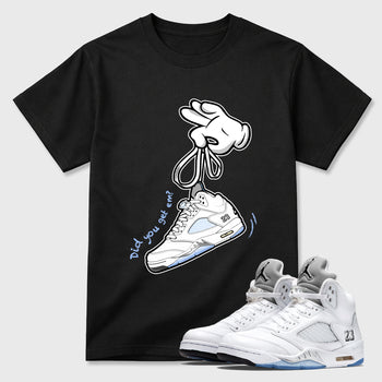 Sneaker match tees – Sneaker Tees To Match Air Jordan 5 White Metallic Shoes – Cartoon Hands Tee Black 1
