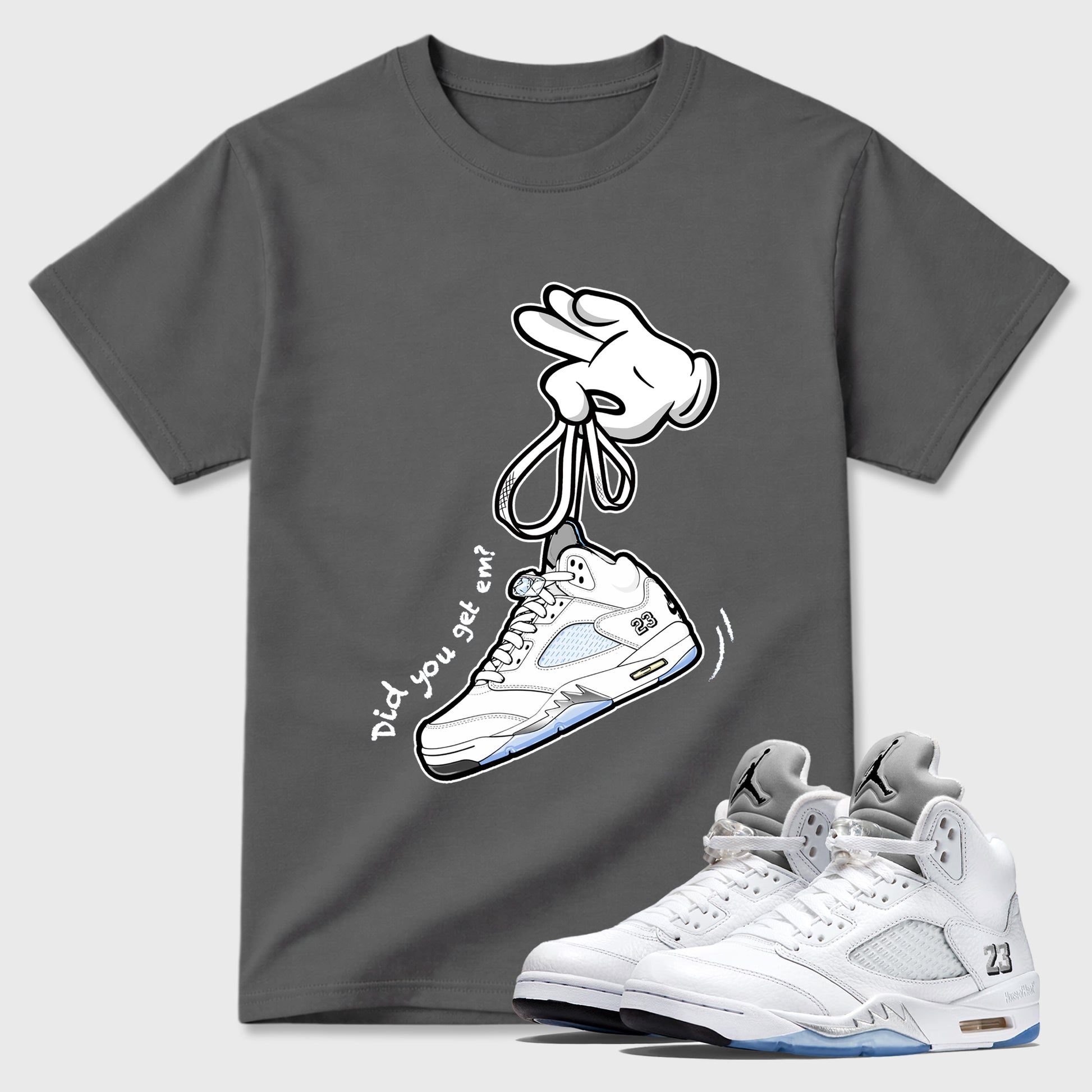 Sneaker match tees – Sneaker Tees To Match Air Jordan 5 White Metallic Shoes – Cartoon Hands Tee Cool Grey 1