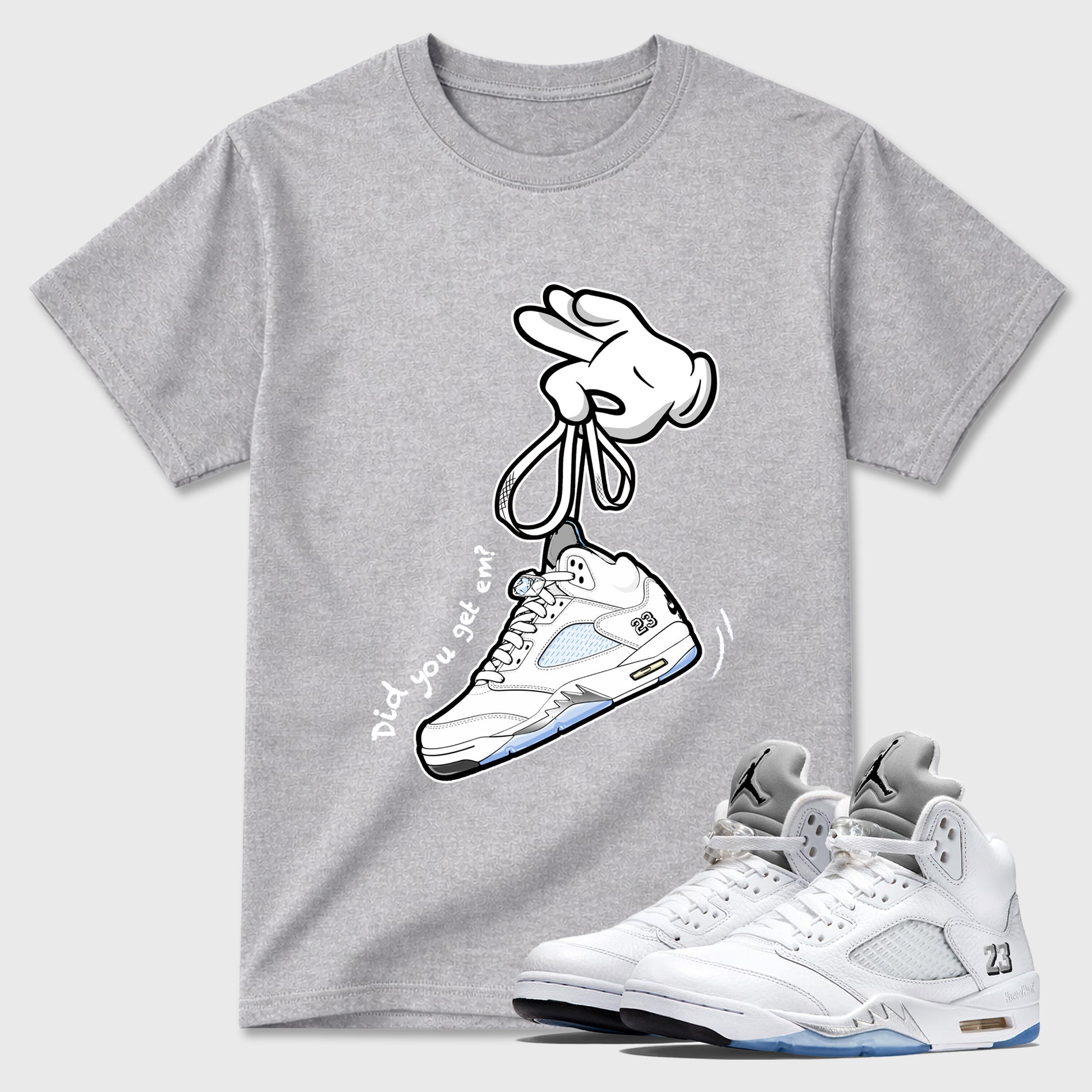Sneaker match tees – Sneaker Tees To Match Air Jordan 5 White Metallic Shoes – Cartoon Hands Tee Heather Grey 1