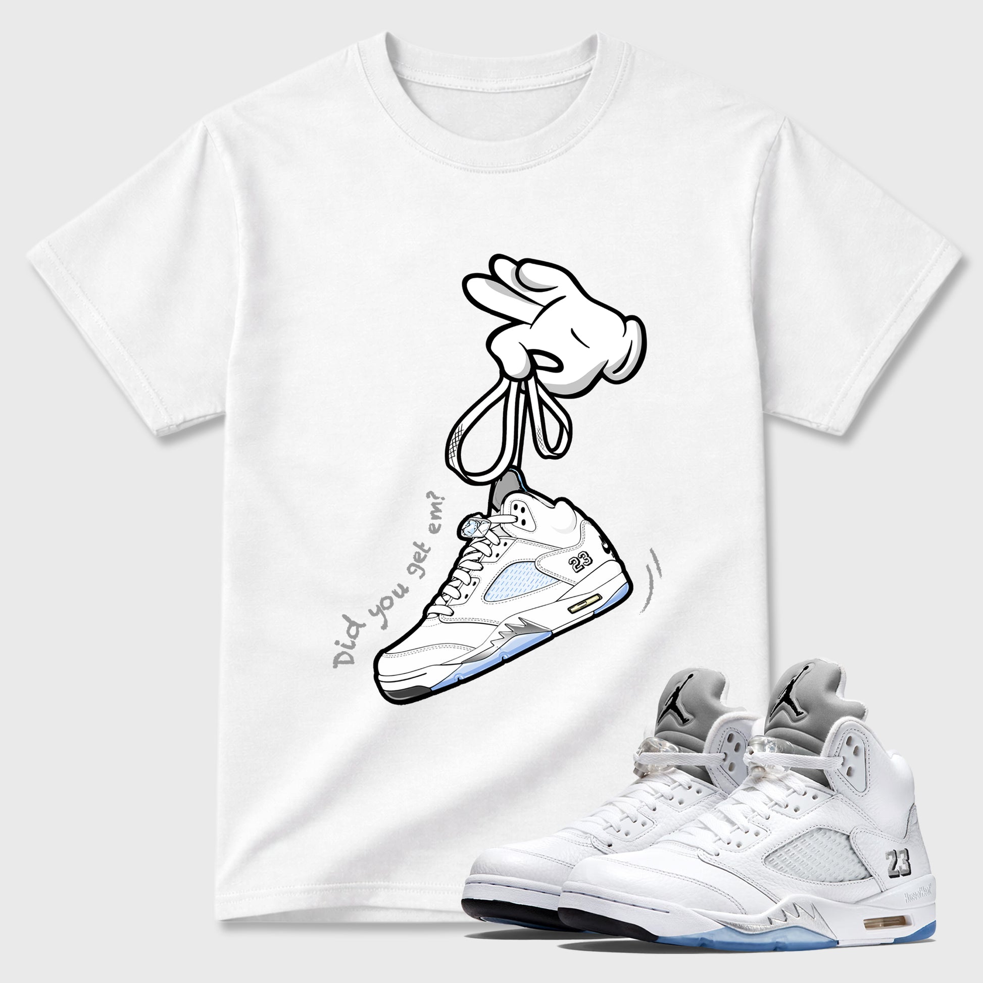 Sneaker match tees – Sneaker Tees To Match Air Jordan 5 White Metallic Shoes – Cartoon Hands Tee White 1