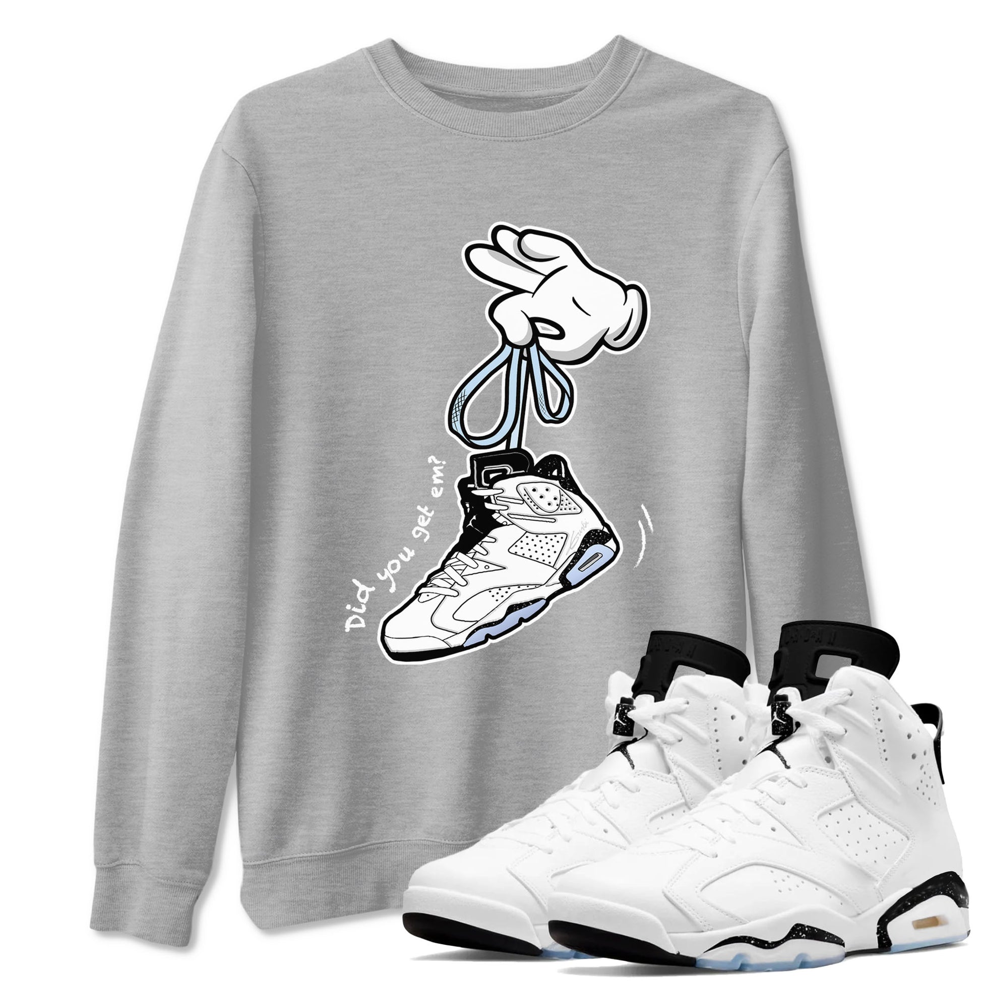 AJ6 White Black shirts to match jordans Cartoon Hands sneaker match tees Air Jordan 6 White Black SNRT Sneaker Tees streetwear brand Heather Grey 1 unisex cotton tee