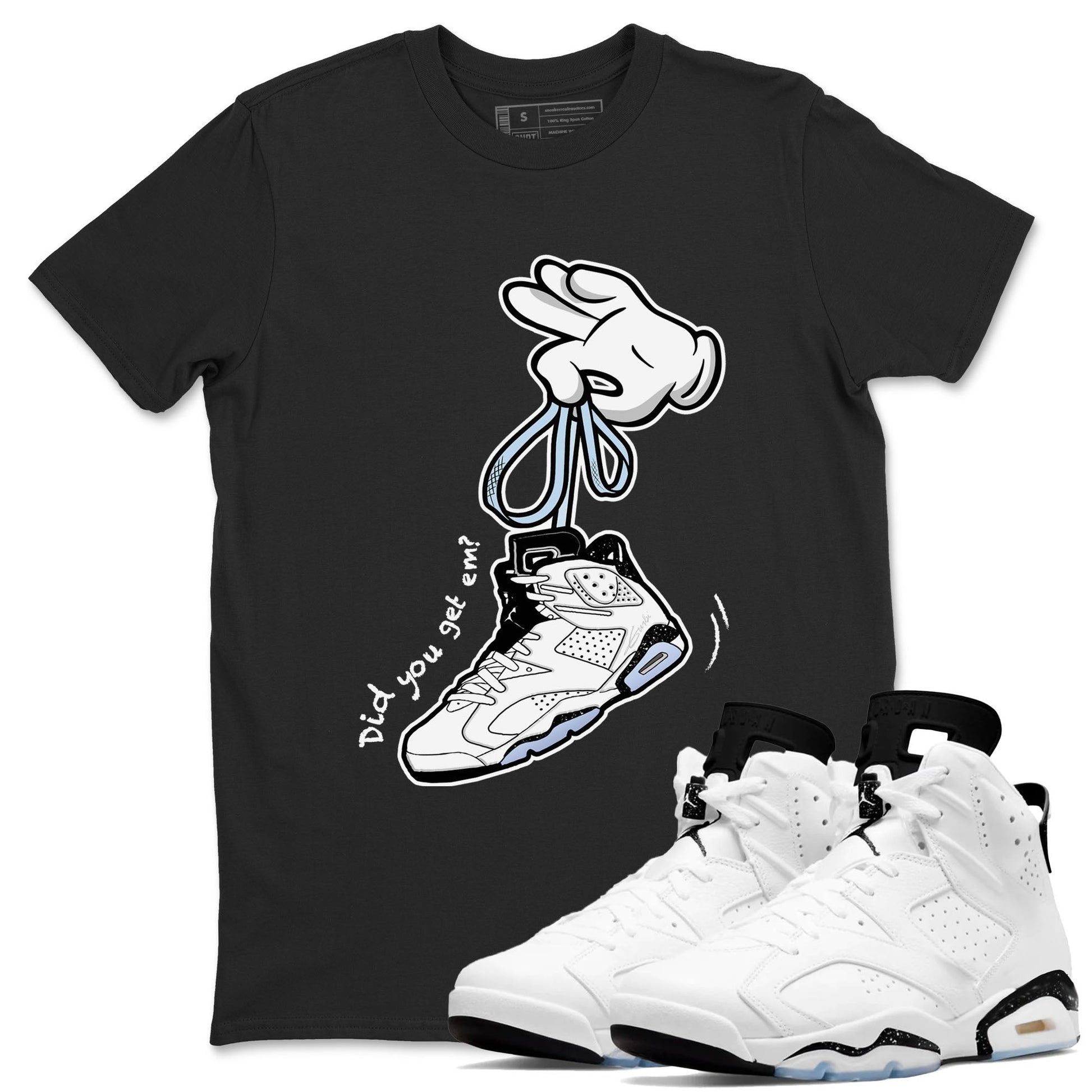 AJ6 White Black shirts to match jordans Cartoon Hands sneaker match tees Air Jordan 6 White Black SNRT Sneaker Tees streetwear brand Black 1 unisex cotton tee
