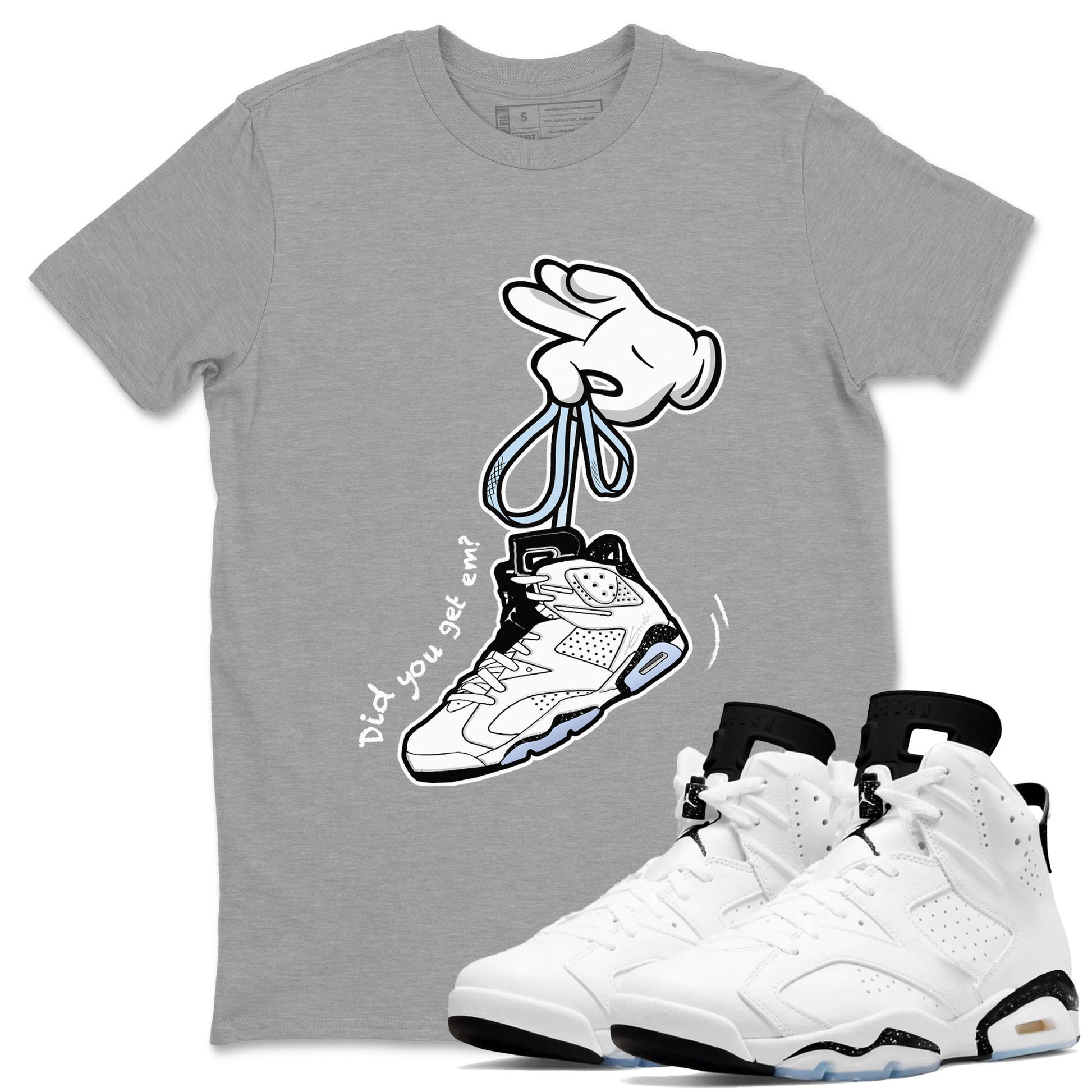 AJ6 White Black shirts to match jordans Cartoon Hands sneaker match tees Air Jordan 6 White Black SNRT Sneaker Tees streetwear brand Heather Grey 1 unisex cotton tee
