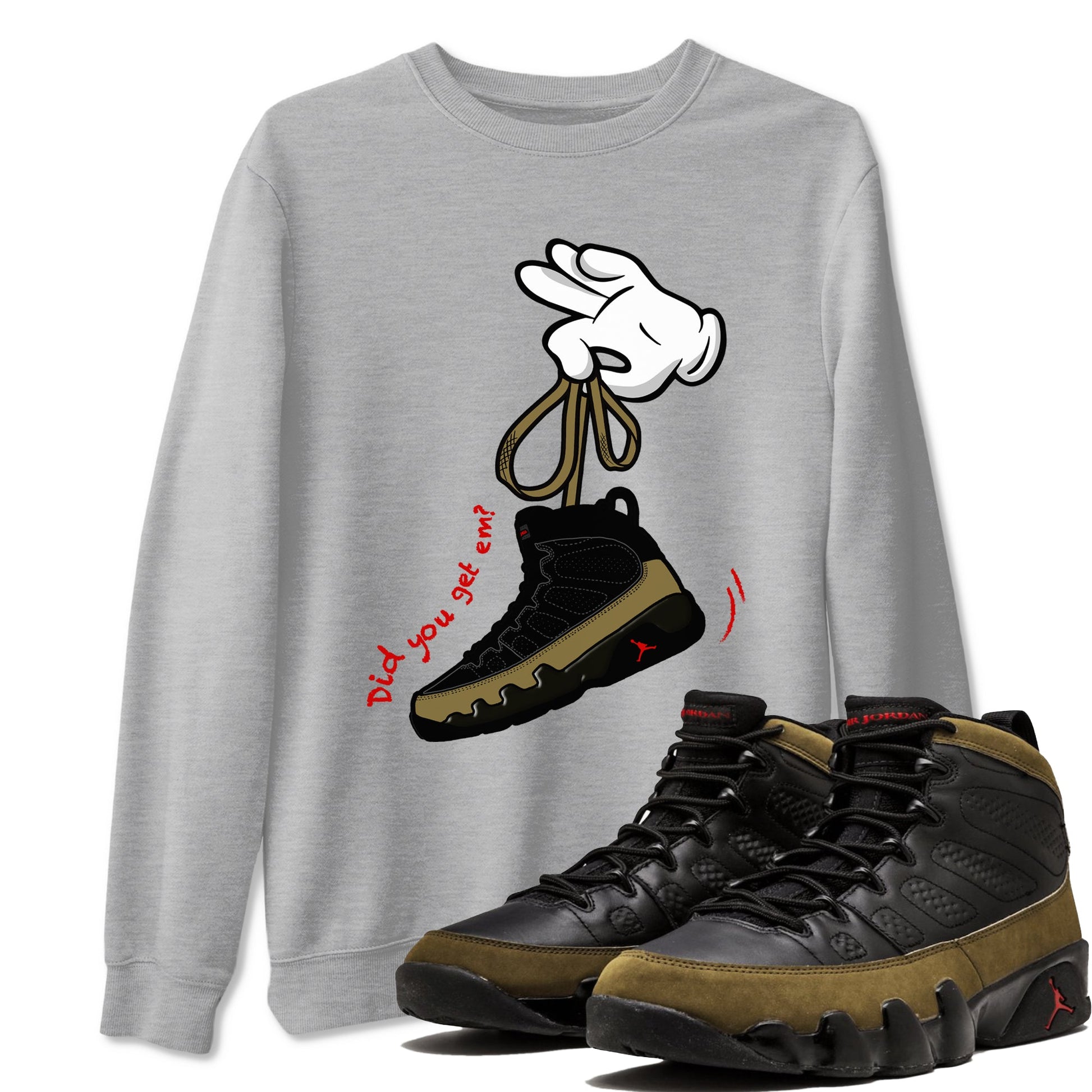 9s Olive shirts to match jordans Cartoon Hands sneaker match tees Air Jordan 9 Olive match shoes to clothes SNRT Sneaker Tees unisex cotton Heather Grey 1 shirts