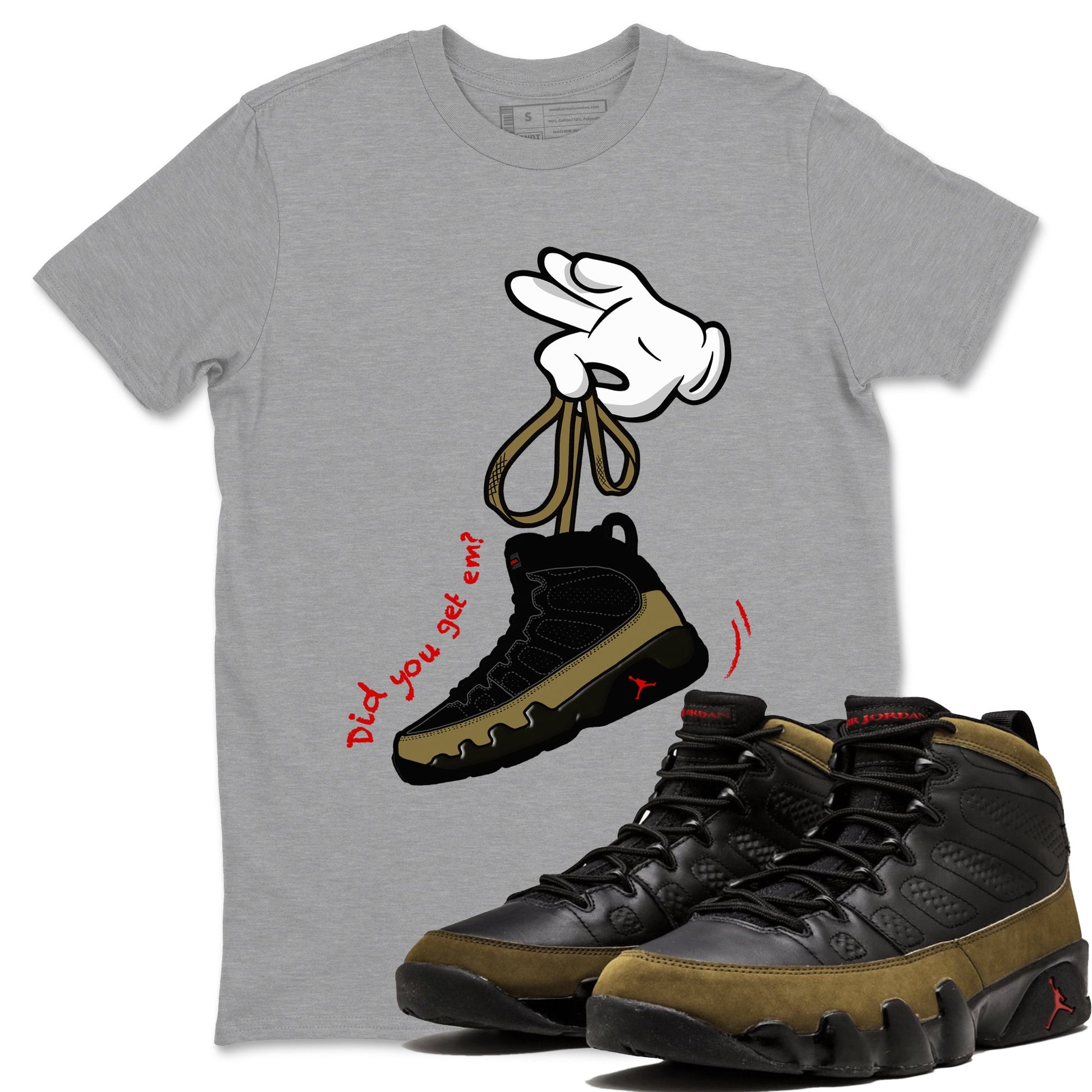 9s Olive shirts to match jordans Cartoon Hands sneaker match tees Air Jordan 9 Olive match shoes to clothes SNRT Sneaker Tees unisex cotton Heather Grey 1 shirts