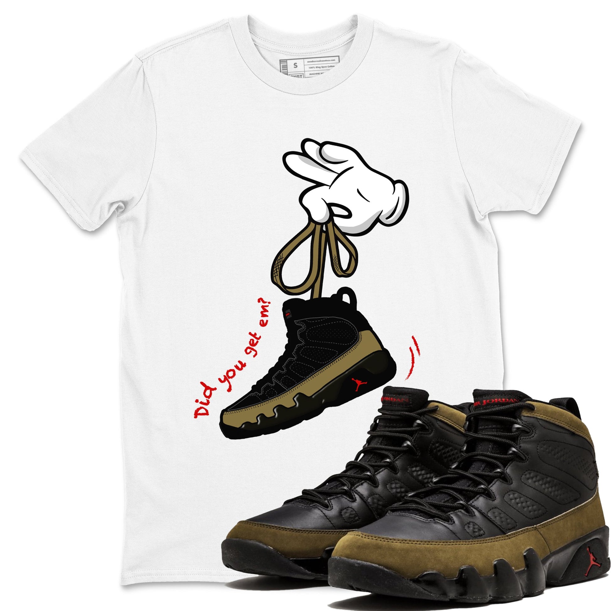 9s Olive shirts to match jordans Cartoon Hands sneaker match tees Air Jordan 9 Olive match shoes to clothes SNRT Sneaker Tees unisex cotton White 1 shirts