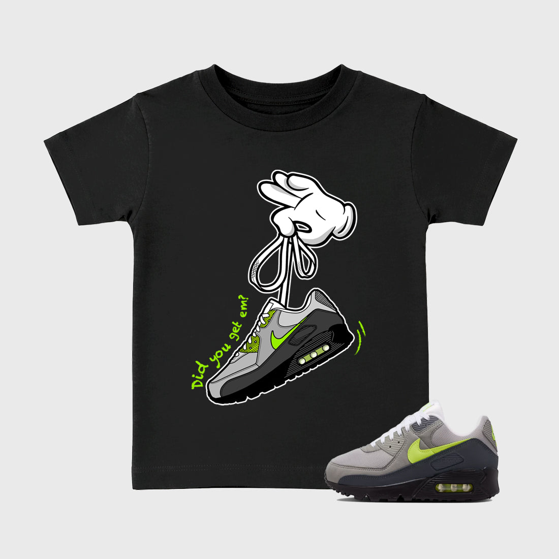 Sneaker match tees – Sneaker Tees To Match Air Max 90 Neon Yellow Shoes – Cartoon Hands Kids T-Shirt Black 1