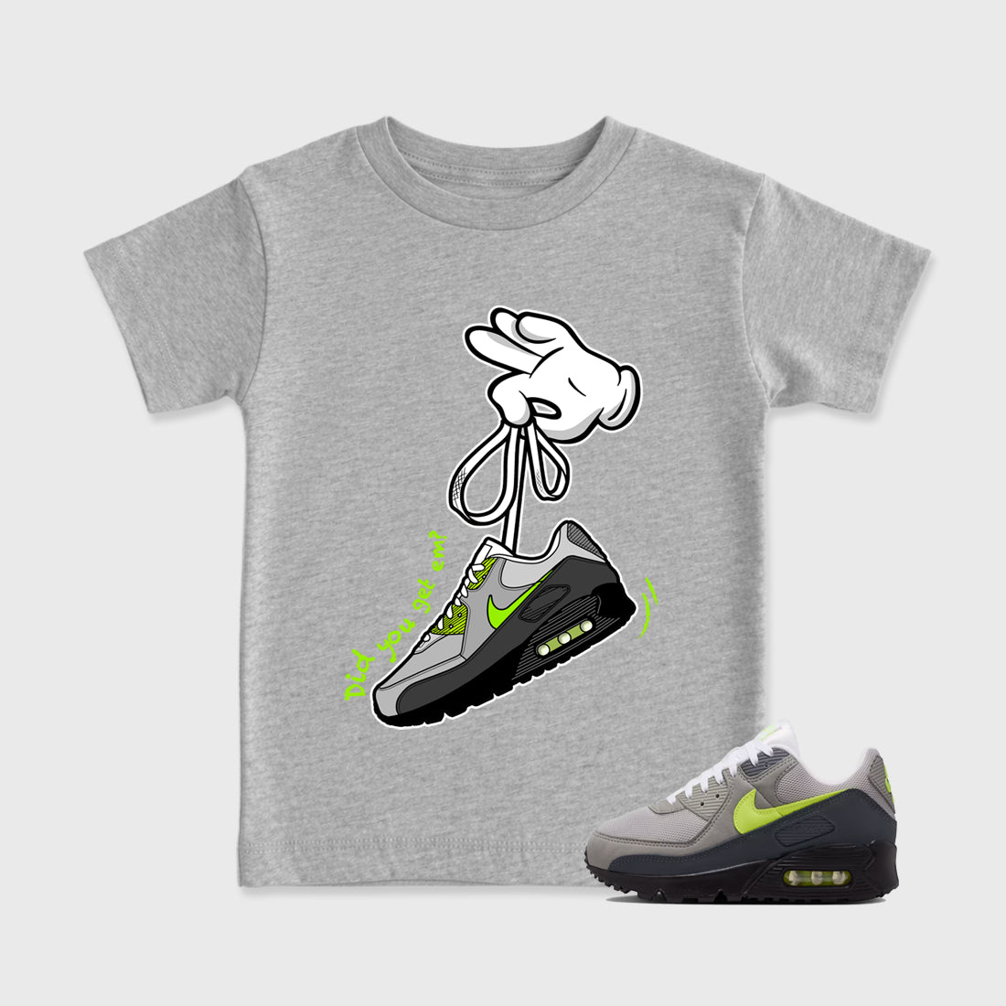 Sneaker match tees – Sneaker Tees To Match Air Max 90 Neon Yellow Shoes – Cartoon Hands Kids T-Shirt Heather Grey 1