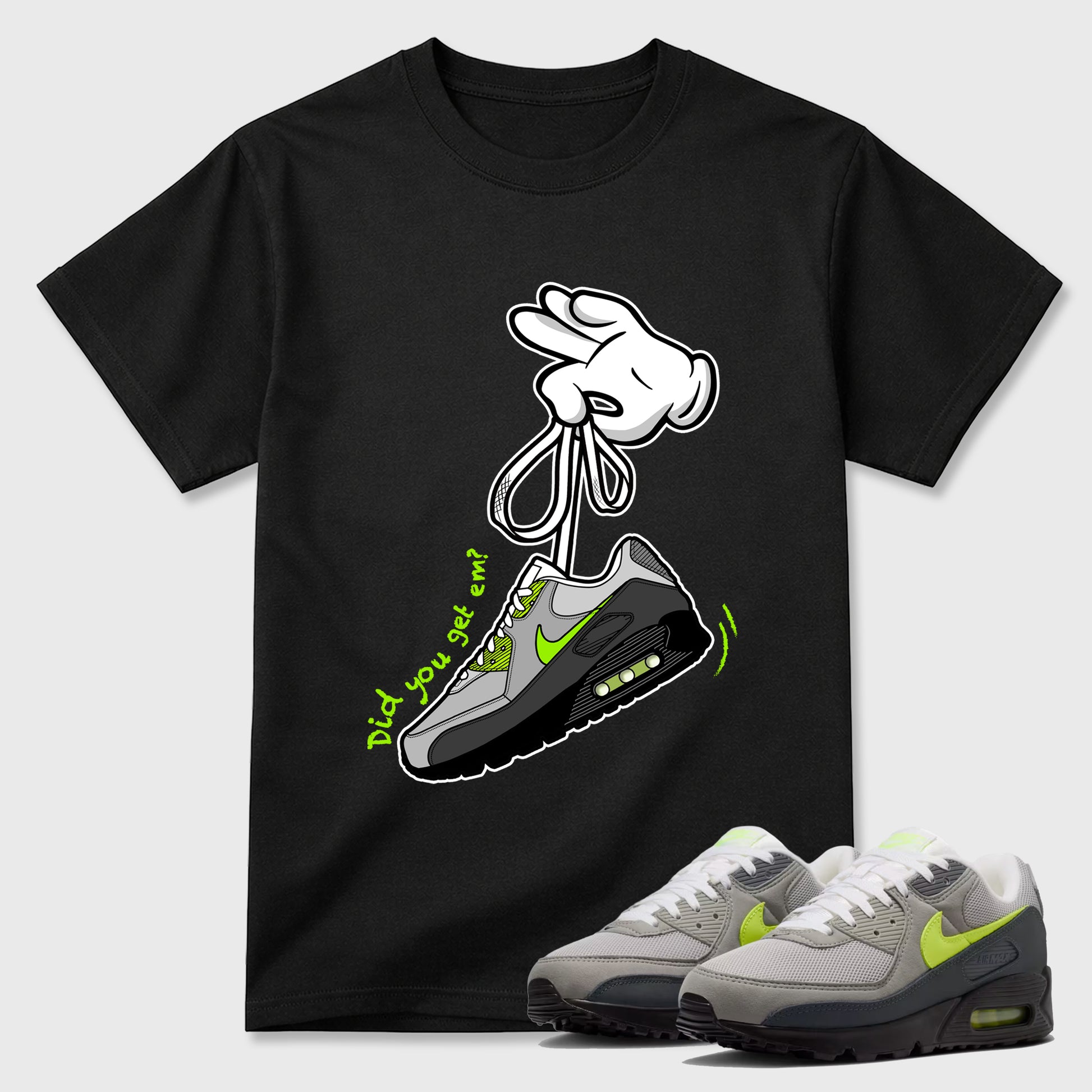 Sneaker match tees – Sneaker Tees To Match Air Max 90 Neon Yellow Shoes – Cartoon Hands Tee Black 1