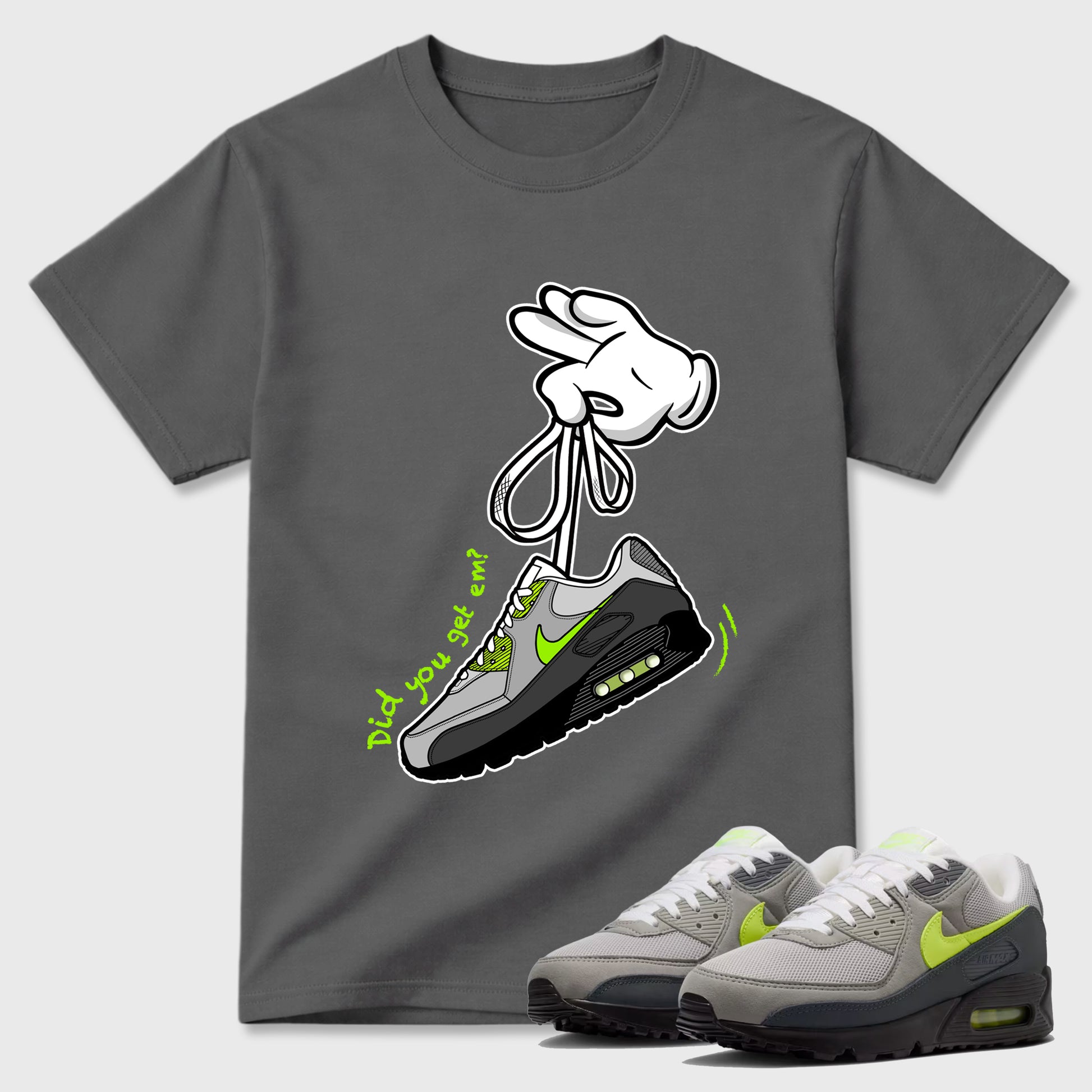 Sneaker match tees – Sneaker Tees To Match Air Max 90 Neon Yellow Shoes – Cartoon Hands Tee Cool Grey 1