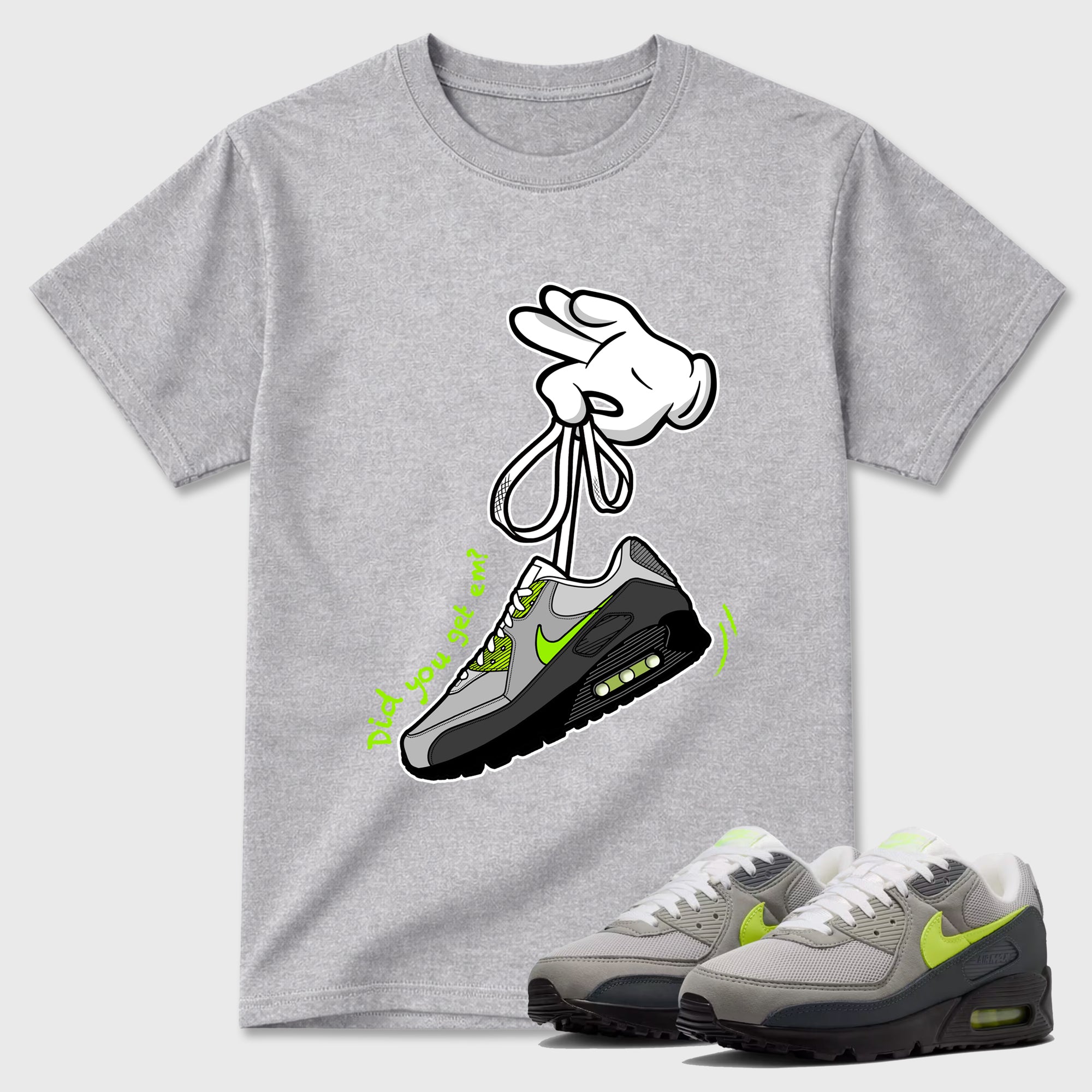 Sneaker match tees – Sneaker Tees To Match Air Max 90 Neon Yellow Shoes – Cartoon Hands Tee Heather Grey 1