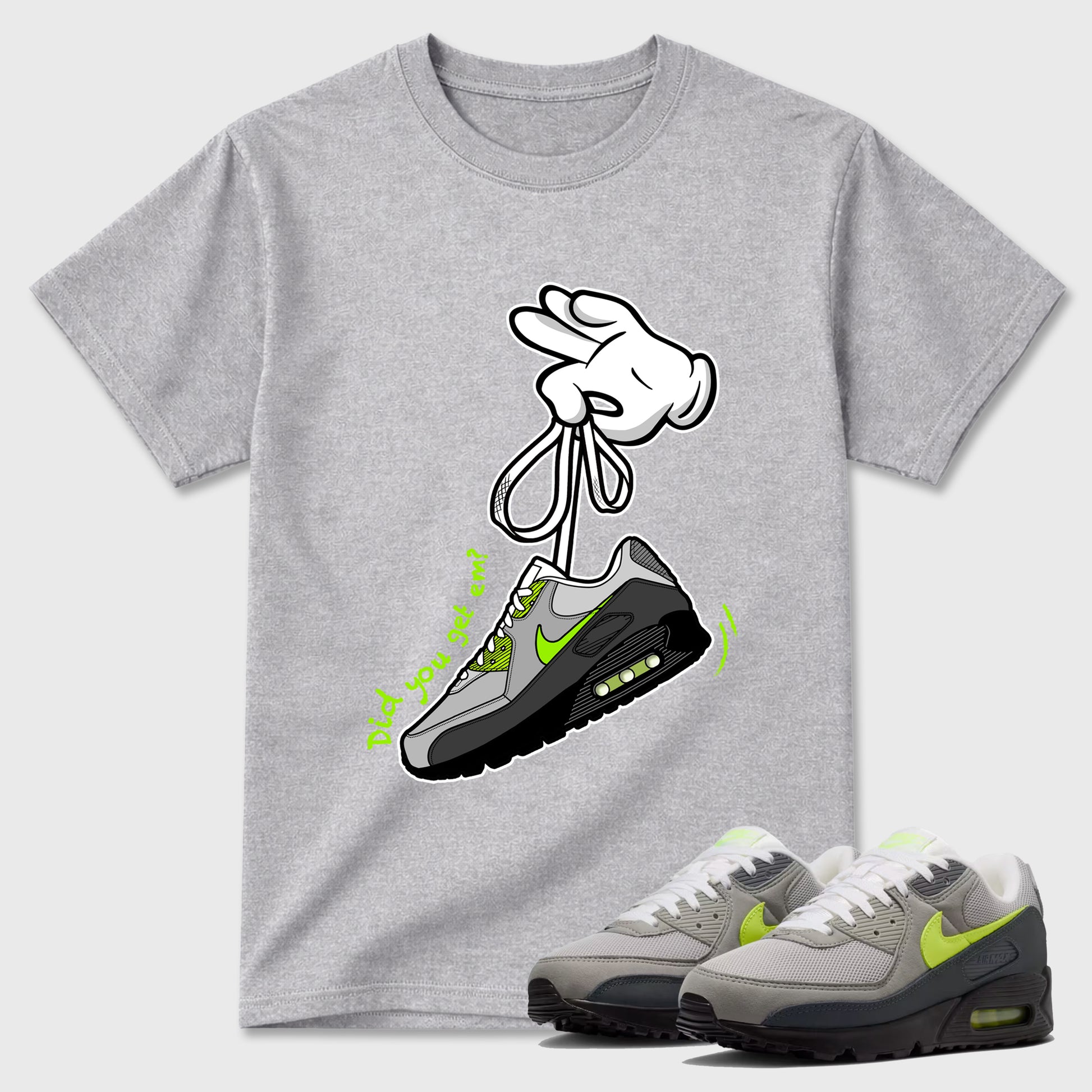 Sneaker match tees – Sneaker Tees To Match Air Max 90 Neon Yellow Shoes – Cartoon Hands Tee Heather Grey 1