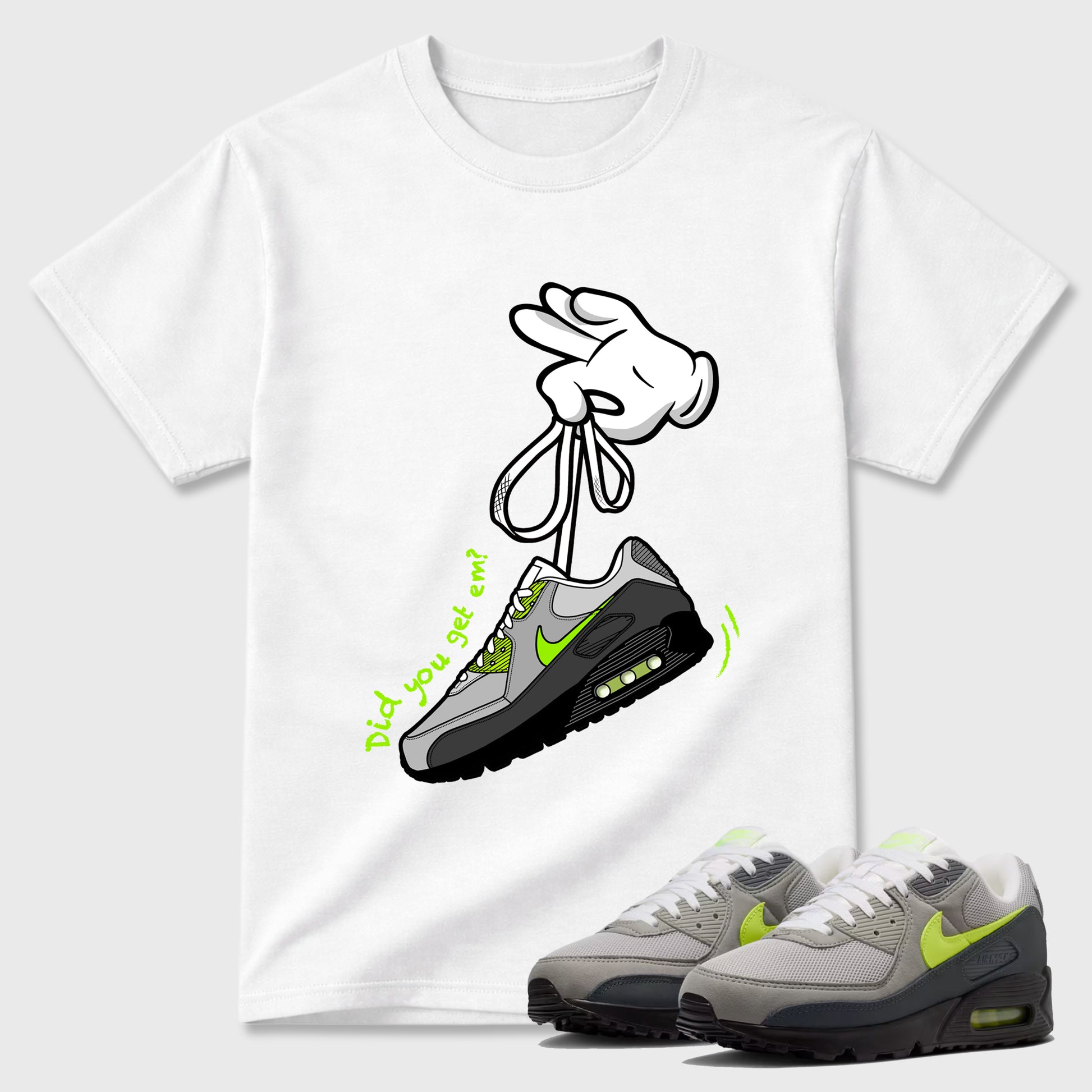 Sneaker match tees – Sneaker Tees To Match Air Max 90 Neon Yellow Shoes – Cartoon Hands Tee White 1
