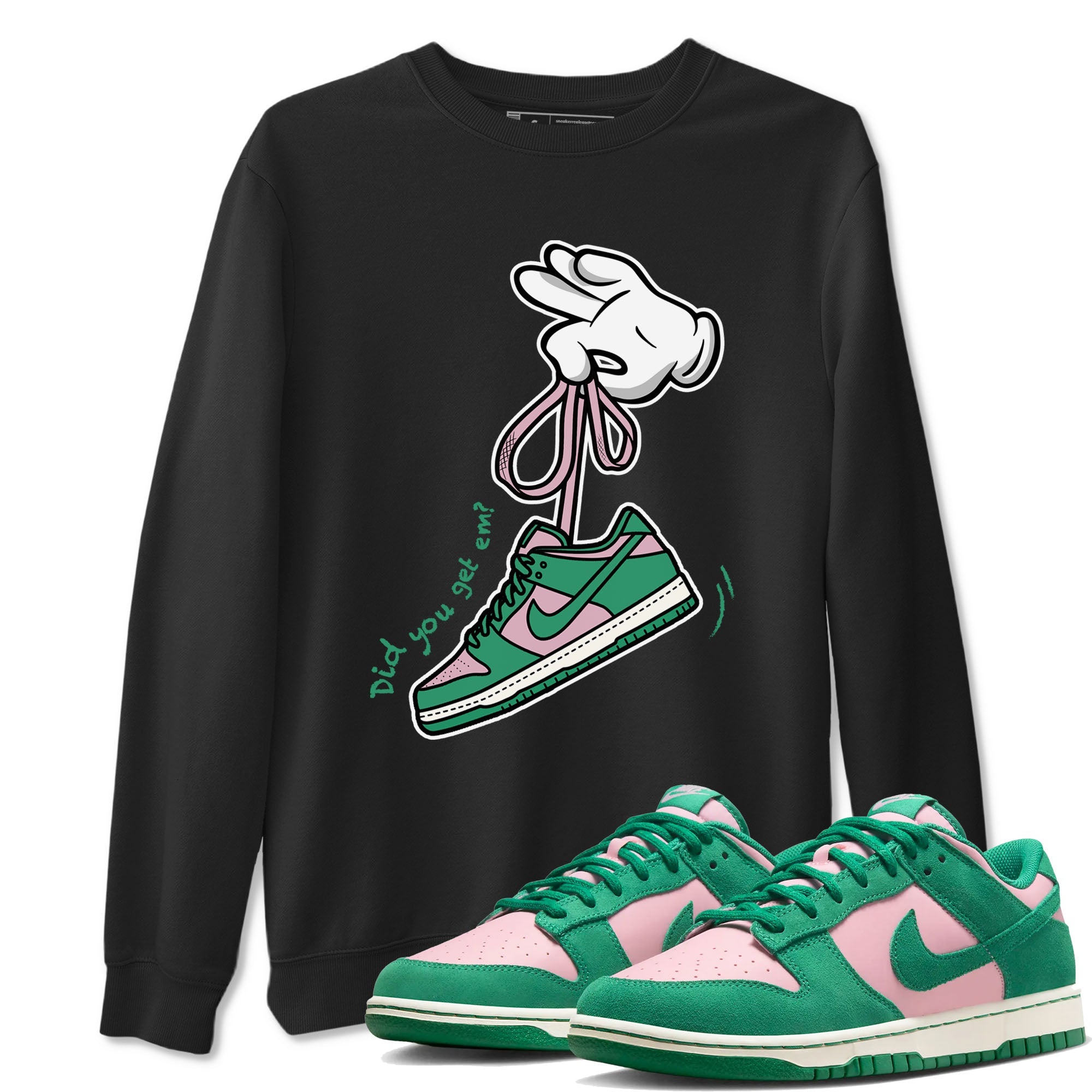 Dunk Low Medium Soft Pink Malachite shirt to match jordans Cartoon Hands sneaker tees Dunks Medium Soft Pink Malachite Streetwear Brand SNRT Sneaker Release Tees unisex cotton Black 1 crew neck shirt
