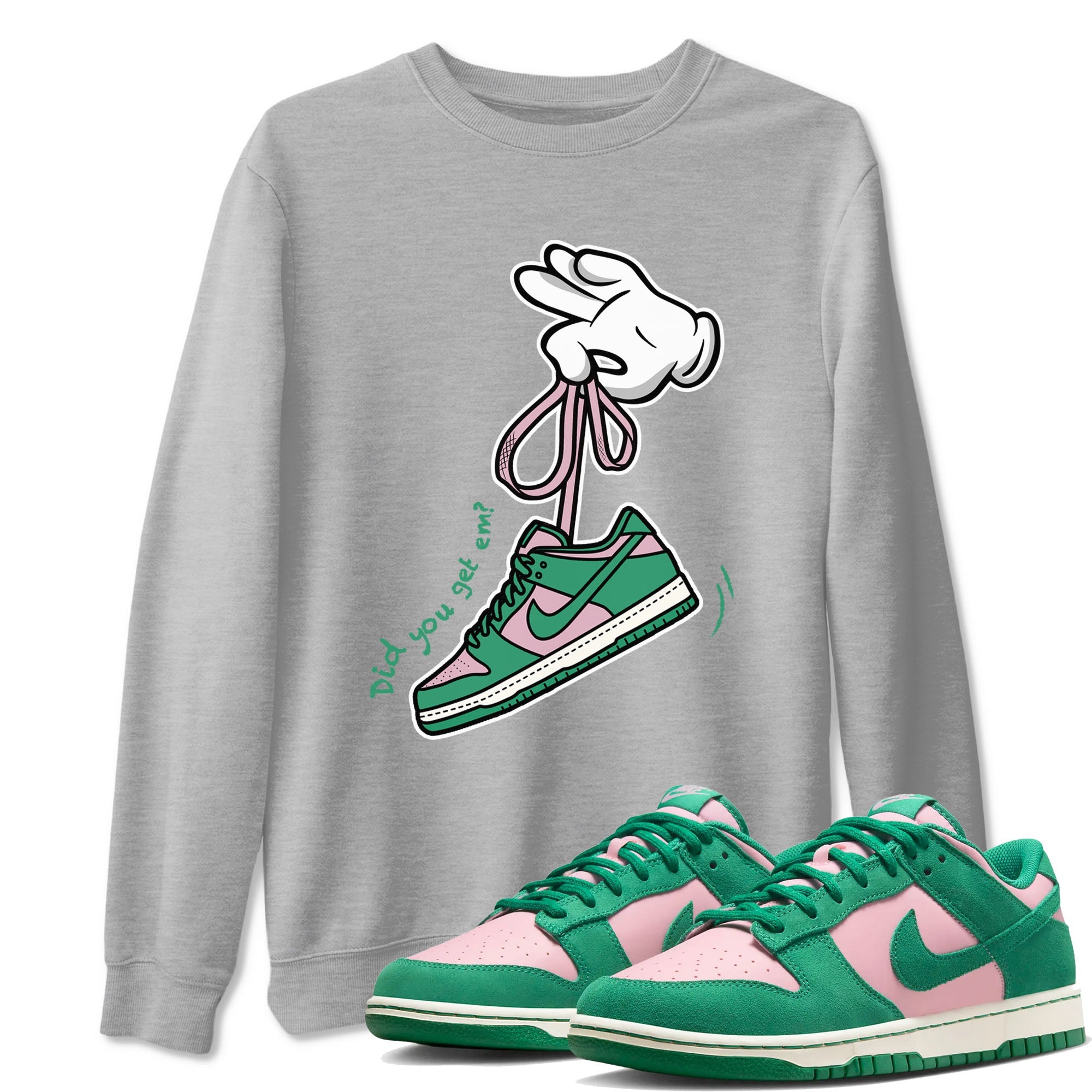 Dunk Low Medium Soft Pink Malachite shirt to match jordans Cartoon Hands sneaker tees Dunks Medium Soft Pink Malachite Streetwear Brand SNRT Sneaker Release Tees unisex cotton Heather Grey 1 crew neck shirt
