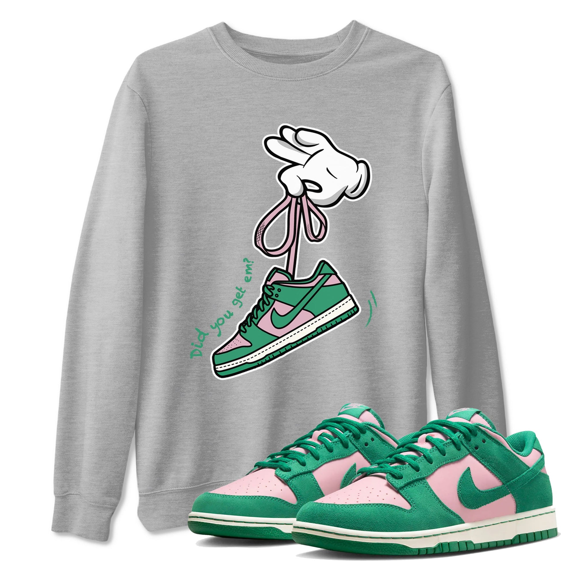 Dunk Low Medium Soft Pink Malachite shirt to match jordans Cartoon Hands sneaker tees Dunks Medium Soft Pink Malachite Streetwear Brand SNRT Sneaker Release Tees unisex cotton Heather Grey 1 crew neck shirt