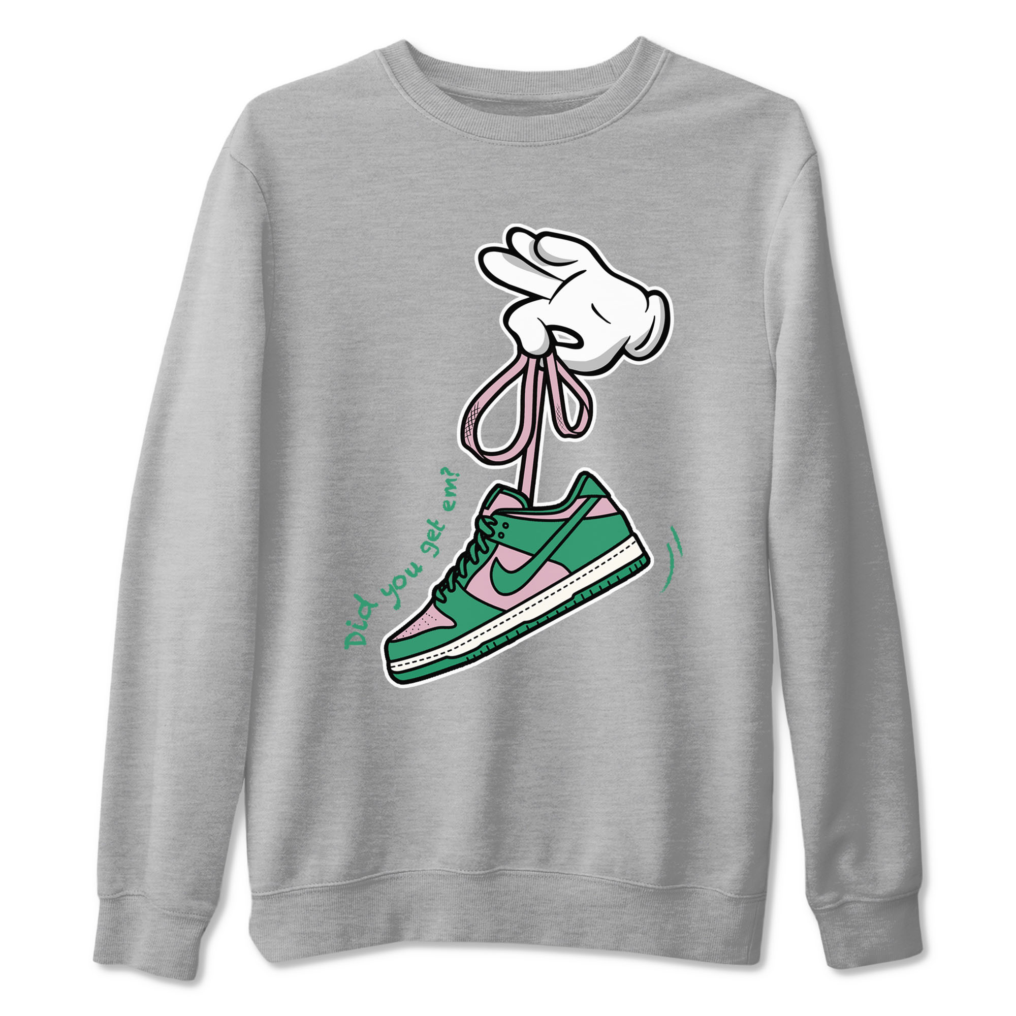Dunk Low Medium Soft Pink Malachite shirt to match jordans Cartoon Hands sneaker tees Dunks Medium Soft Pink Malachite Streetwear Brand SNRT Sneaker Release Tees unisex cotton Heather Grey 2 crew neck shirt