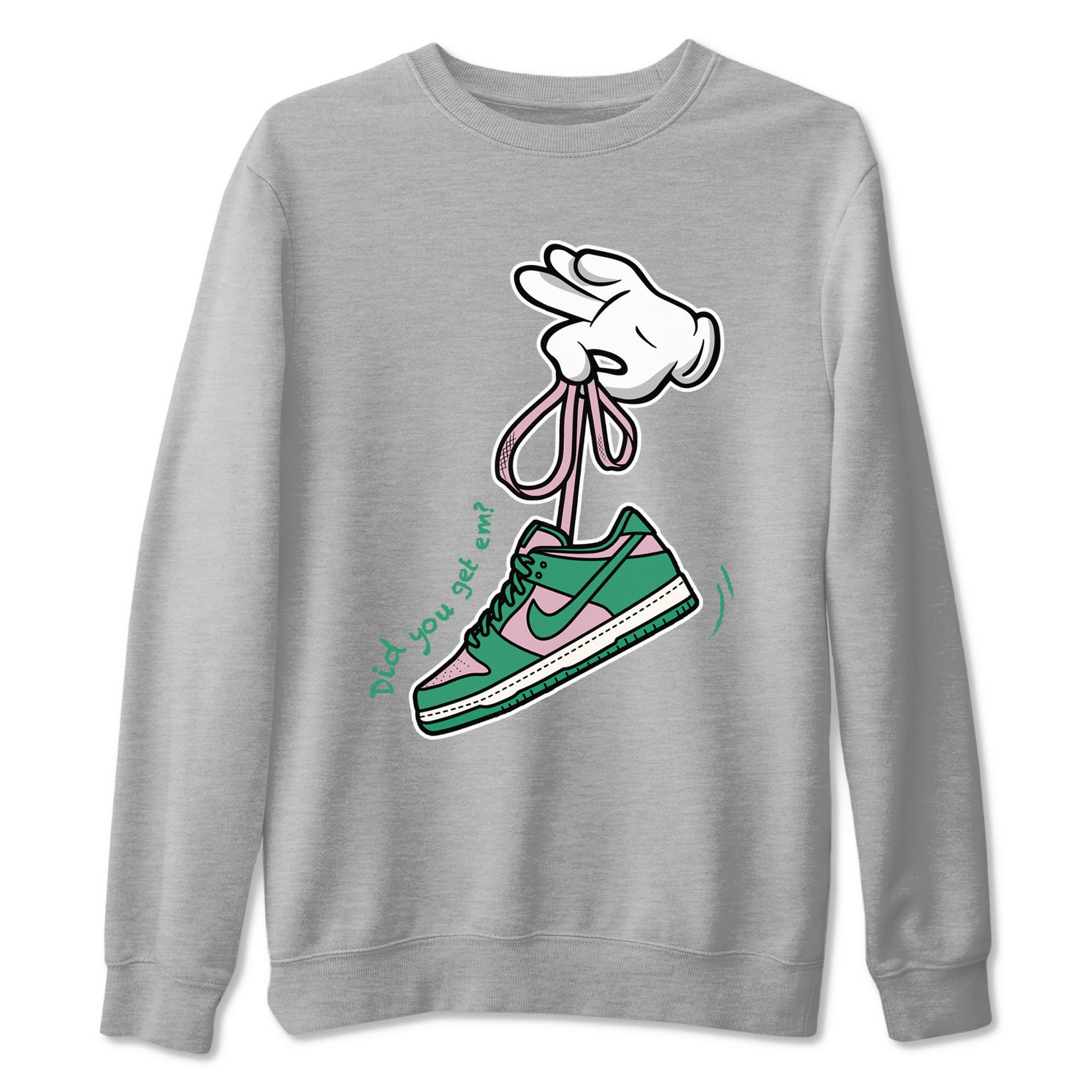 Dunk Low Medium Soft Pink Malachite shirt to match jordans Cartoon Hands sneaker tees Dunks Medium Soft Pink Malachite Streetwear Brand SNRT Sneaker Release Tees unisex cotton Heather Grey 2 crew neck shirt