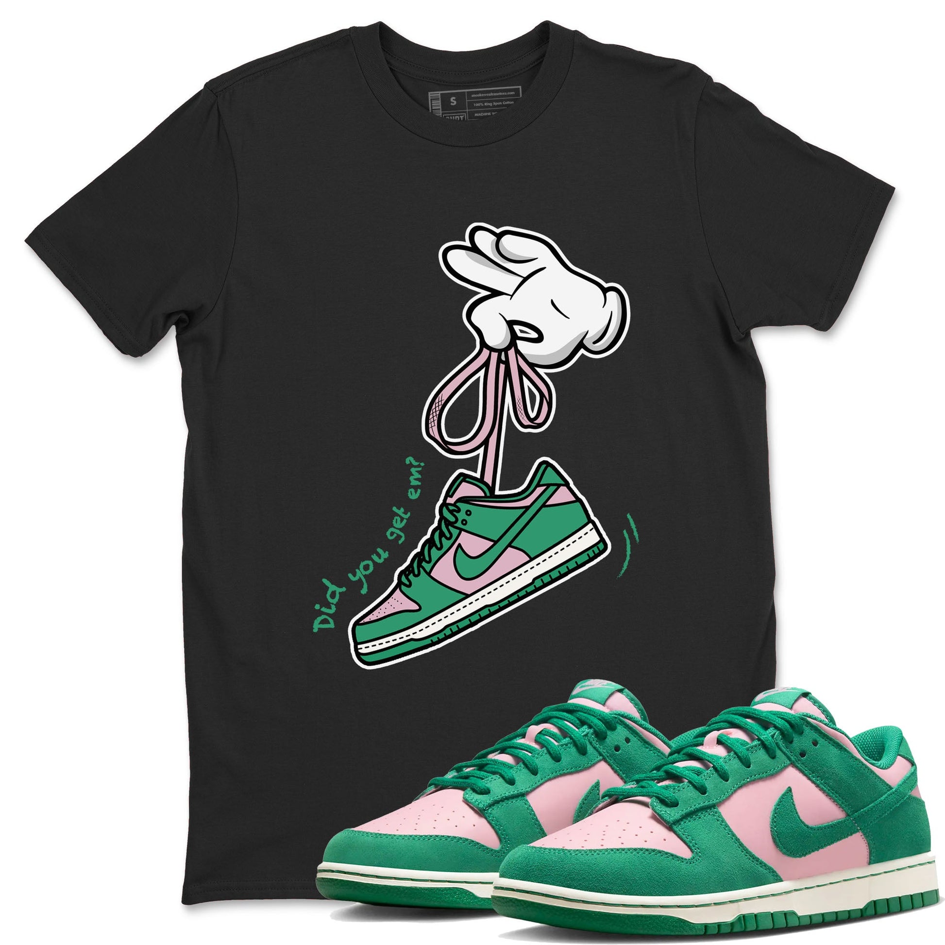 Dunk Low Medium Soft Pink Malachite shirt to match jordans Cartoon Hands sneaker tees Dunks Medium Soft Pink Malachite Streetwear Brand SNRT Sneaker Release Tees unisex cotton Black 1 crew neck shirt