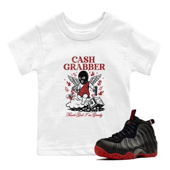 Sneaker match tees – Sneaker Tees To Match Air Foamposite Cough Drop Shoes – Cash Grabber Kids T-Shirt White 1