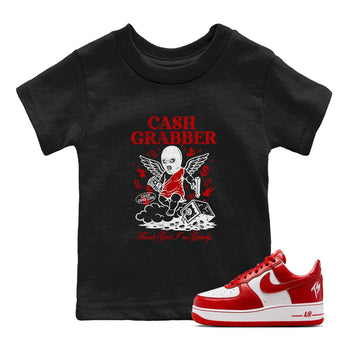 Cash Grabber baby and kids t-shirt crafted for little sneakerheads to shine with the Air Force 1 University Red sneakers, displayed in Black 1.