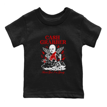 Cash Grabber baby and kids t-shirt crafted for little sneakerheads to shine with the Air Force 1 University Red sneakers, displayed in Black 2.