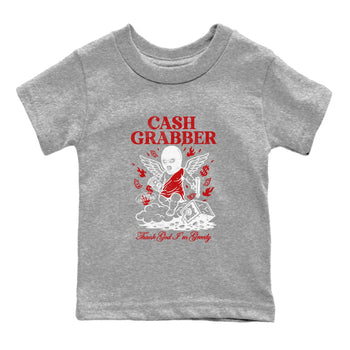 Cash Grabber baby and kids t-shirt crafted for little sneakerheads to shine with the Air Force 1 University Red sneakers, displayed in Heather Grey 2.