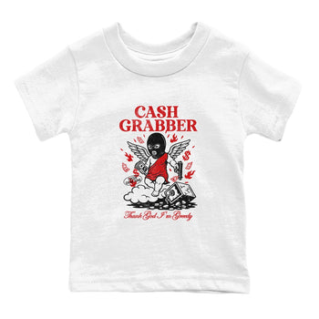 Cash Grabber baby and kids t-shirt crafted for little sneakerheads to shine with the Air Force 1 University Red sneakers, displayed in White 2.