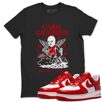 Cash Grabber sneaker match t-shirt styled to complete your fit with the Air Force 1 University Red sneakers, shown in Black 1.