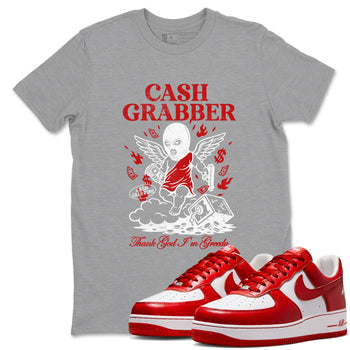 Cash Grabber sneaker match t-shirt styled to complete your fit with the Air Force 1 University Red sneakers, shown in Heather Grey 1.