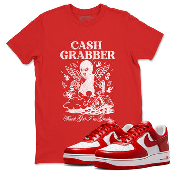 Cash Grabber sneaker match t-shirt styled to complete your fit with the Air Force 1 University Red sneakers, shown in Red 1.