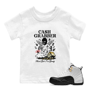 Sneaker match tees – Sneaker Tees To Match Air Jordan 12 Taxi Shoes – Cash Grabber Kids T-Shirt White 1